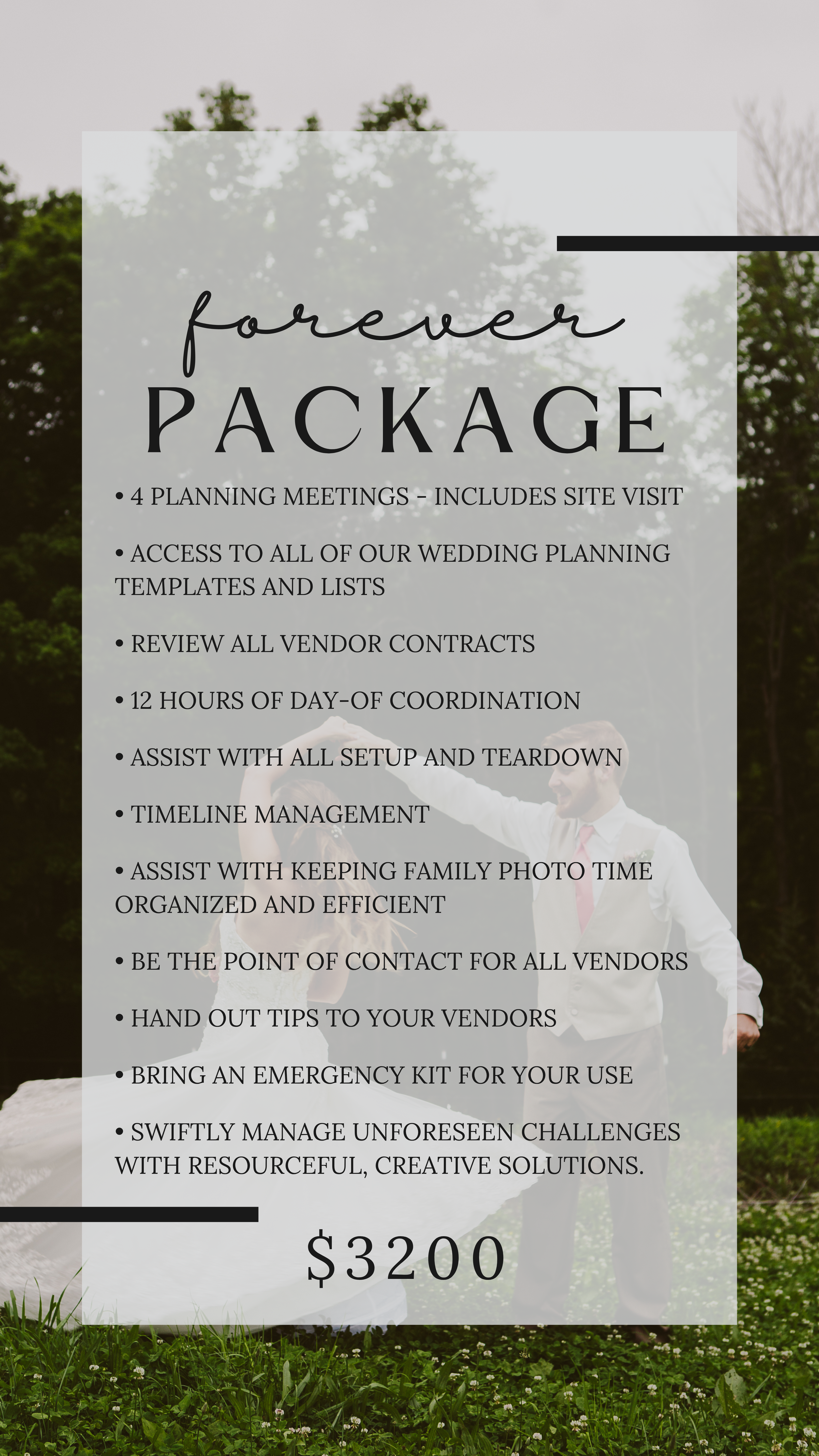 St. Louis wedding coordinating package details for the Forever package with planning assistance and full coordination package overlaid on a background of a bride and groom dancing outdoors.