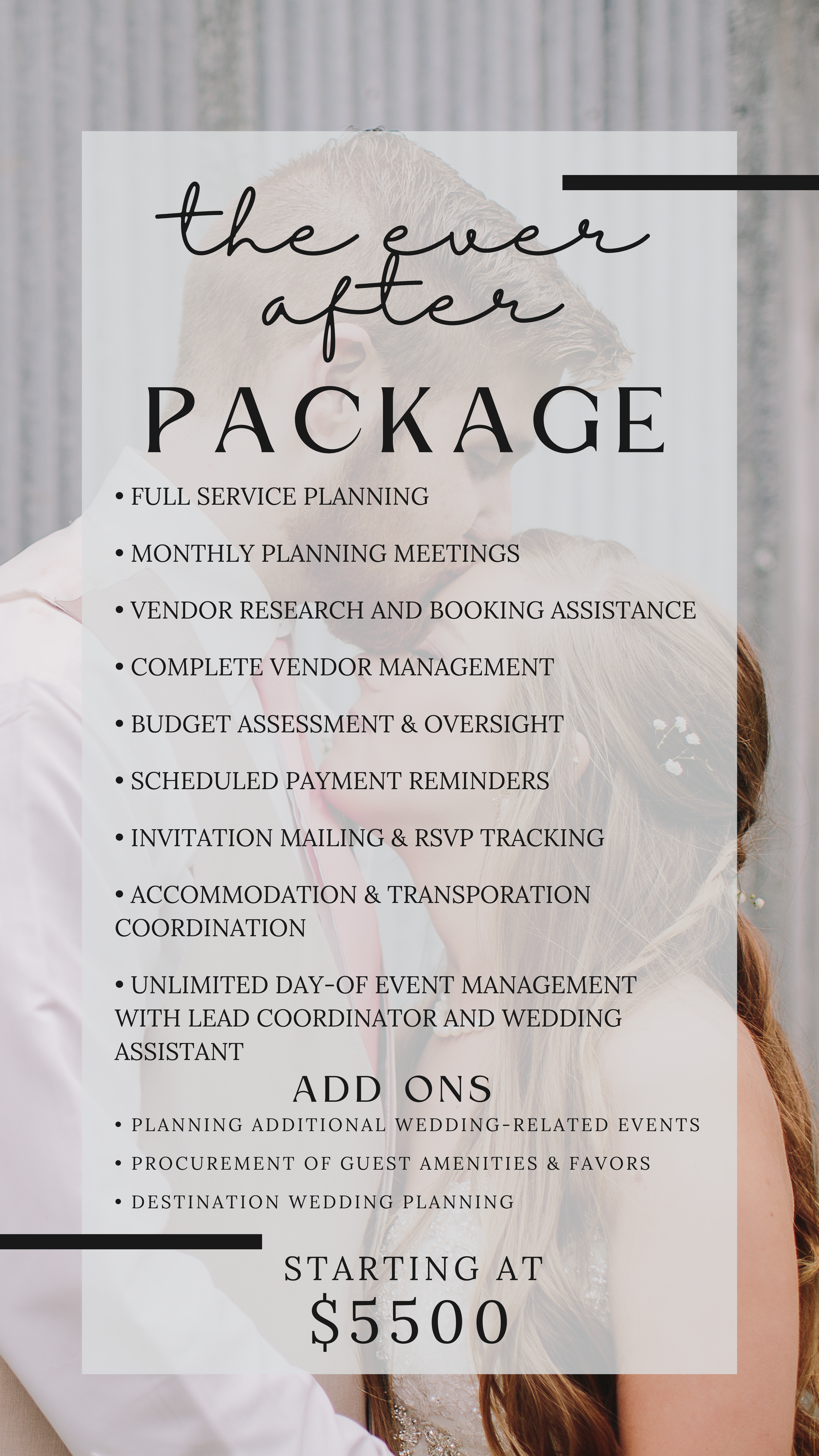 St. Louis wedding planning package details for the Ever After full-service planning package with a background image of a bride and groom embracing