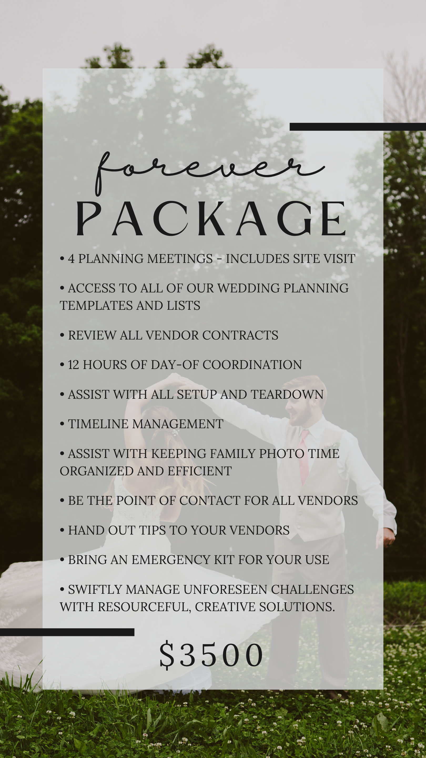 St. Louis wedding coordinating package details for the Forever package that is $3500 with planning assistance and full coordination package overlaid on a background of a bride and groom dancing outdoors.