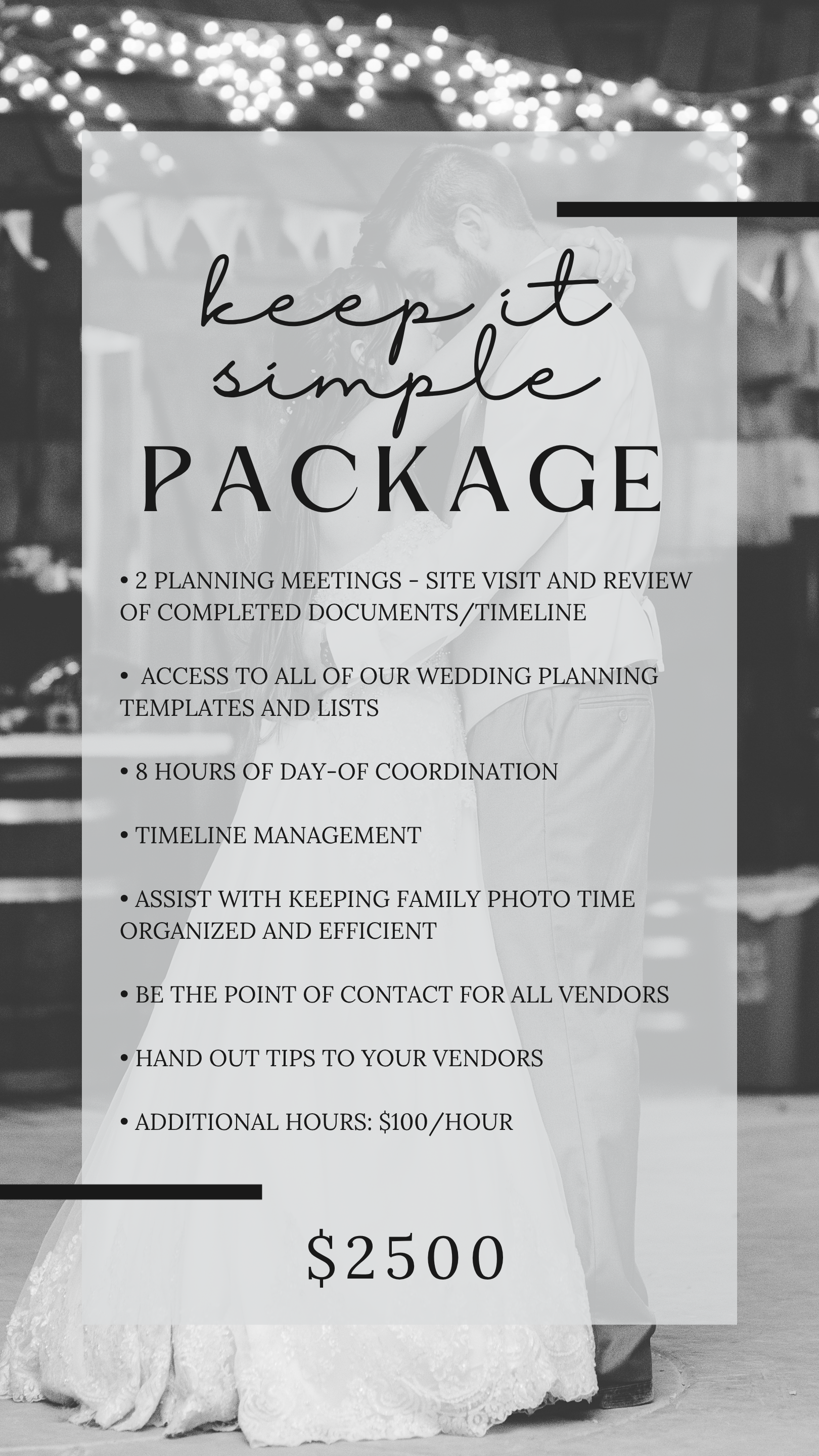 St. Louis wedding planning package details for the Keep It Simple day-of coordination package at $2500 overlaid on a photo of a bride and groom dancing.