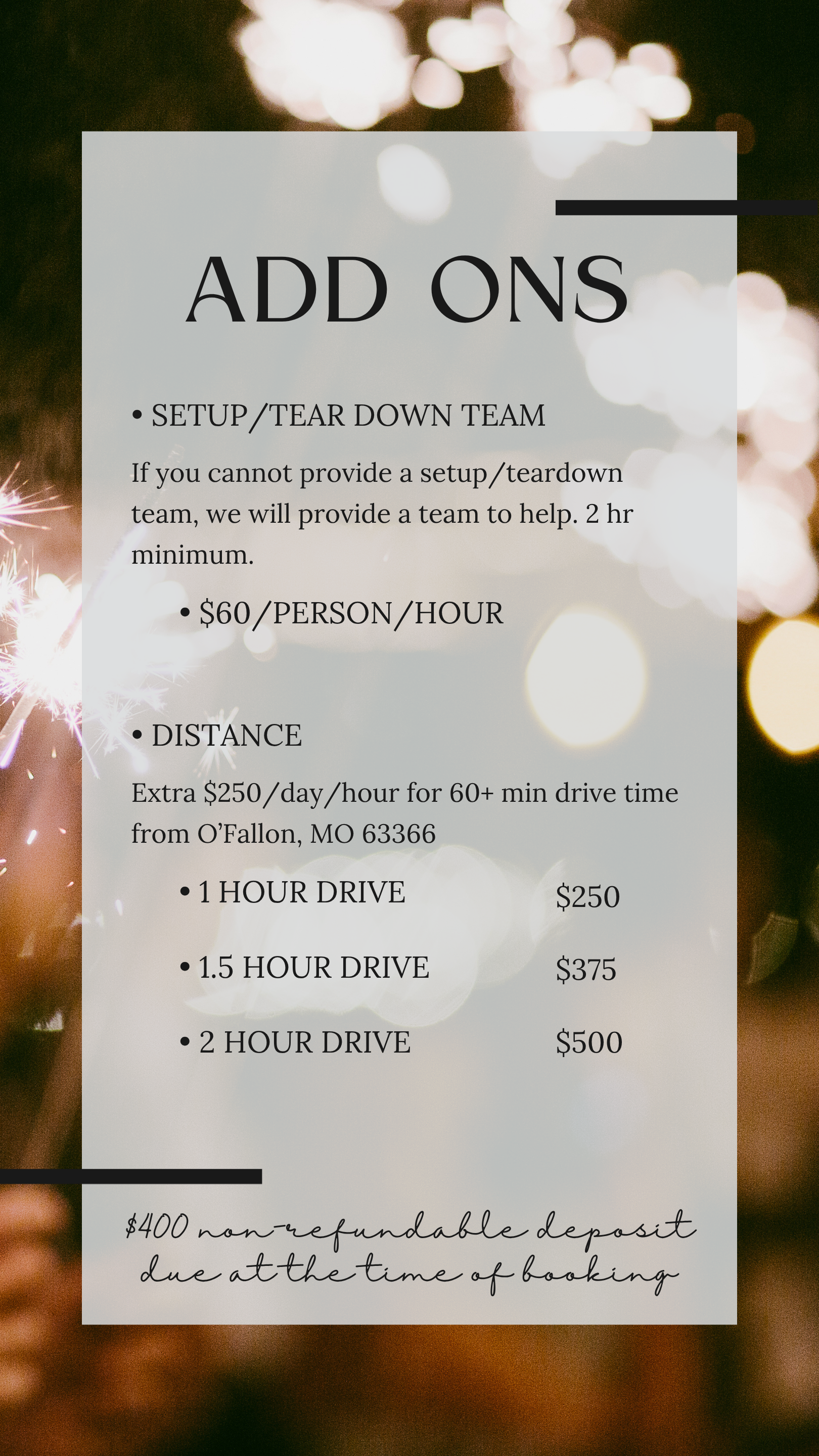 St. Louis wedding coordinator list of extra add-ons and pricing for additional services, including decor setup and teardown team members, distance fees, and non-refundable deposit info.