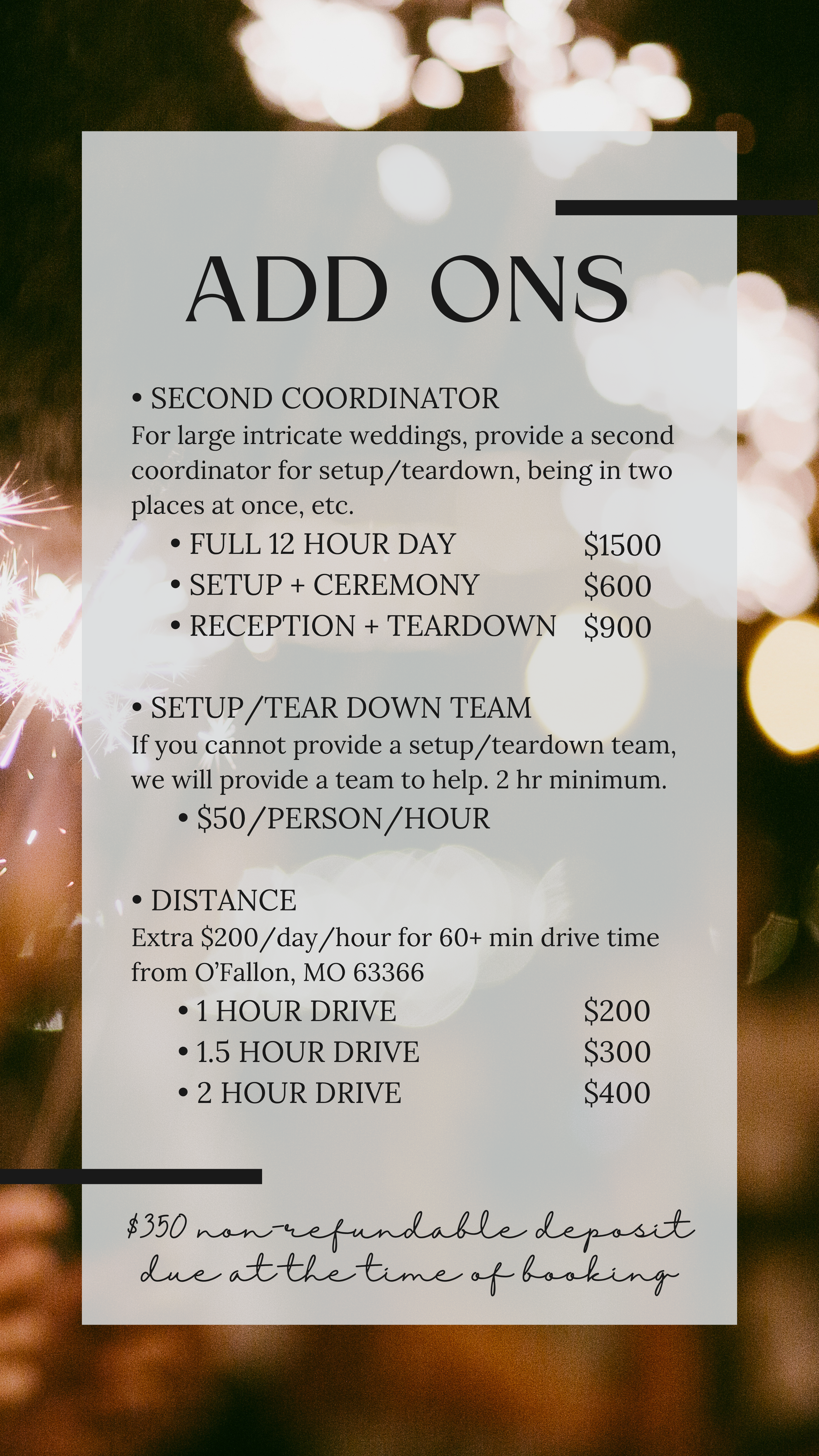 St. Louis wedding coordinator list of extra add-ons and pricing for additional services, including second coordinator, decor setup and teardown, distance fees, and non-refundable deposit.