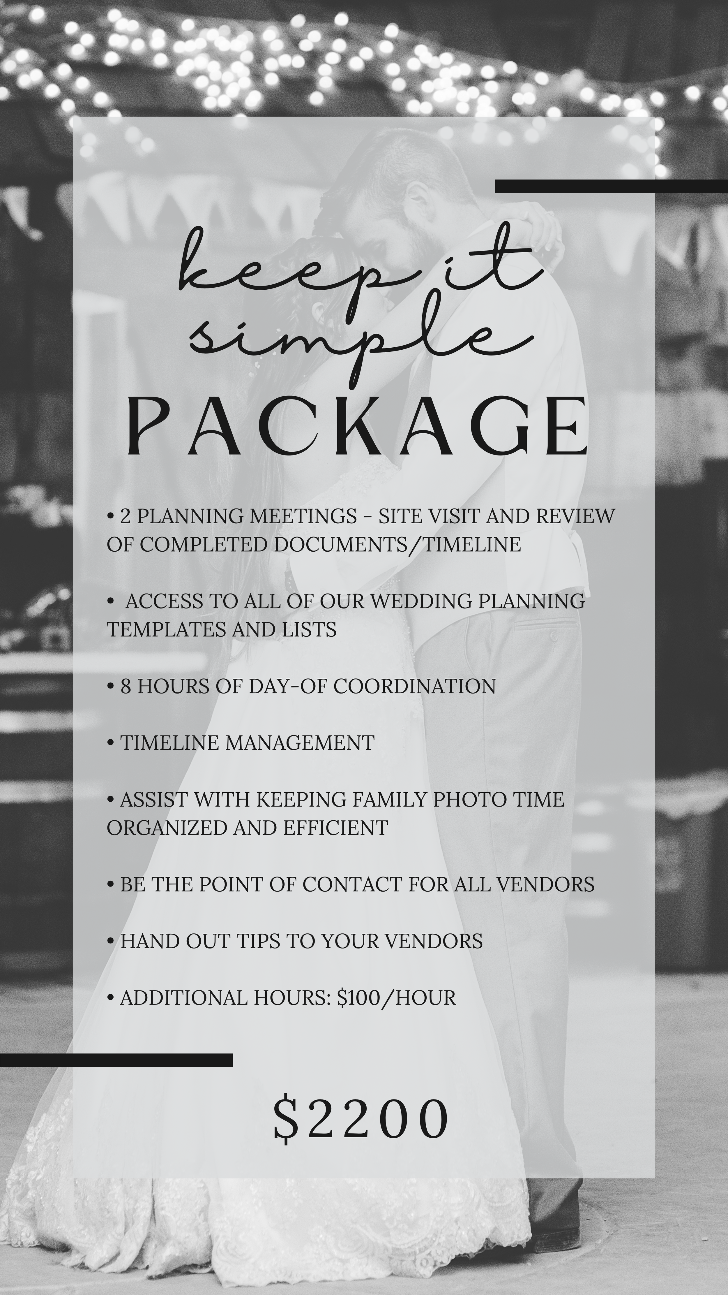 St. Louis wedding planning package details for the Keep It Simple day-of coordination package overlaid on a photo of a bride and groom dancing.