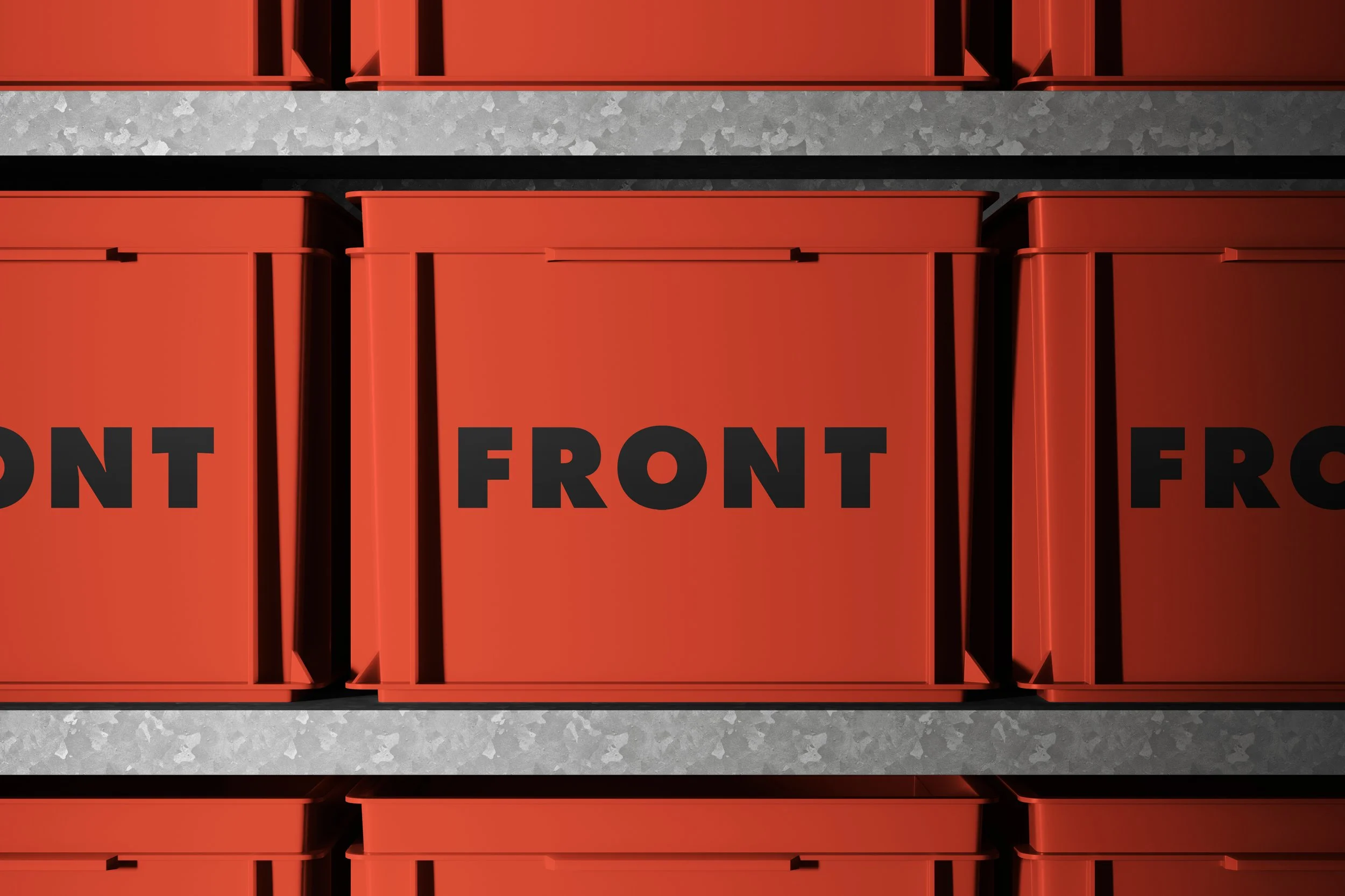 Red plastic crate mockup on industrial shelf in warehouse setting