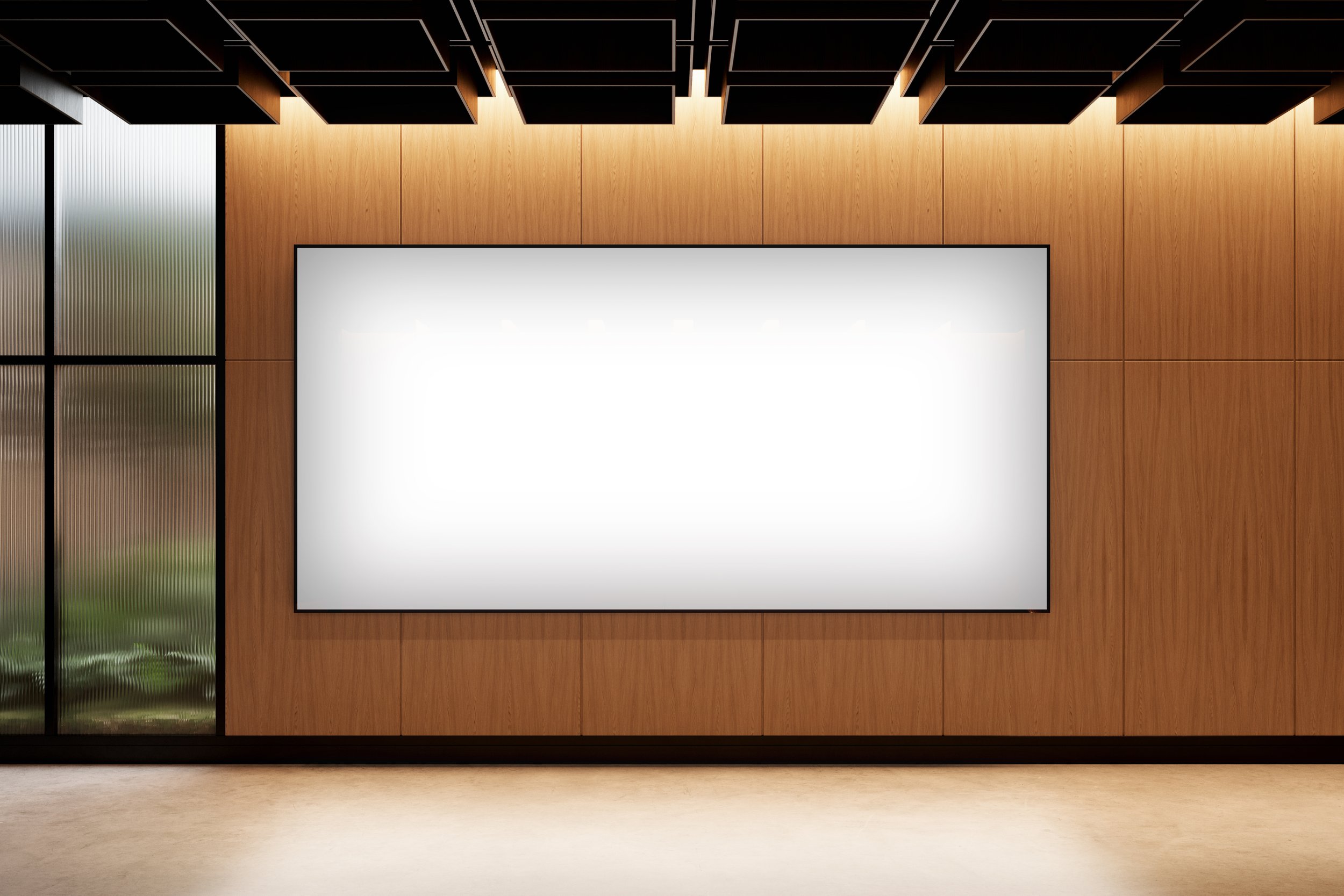 Blank version of screen on wood wall in architectural interior – FRONT Mockups