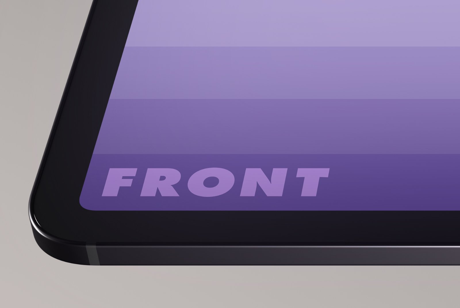 Close-up of iPad Pro screen corner with FRONT branding – light background