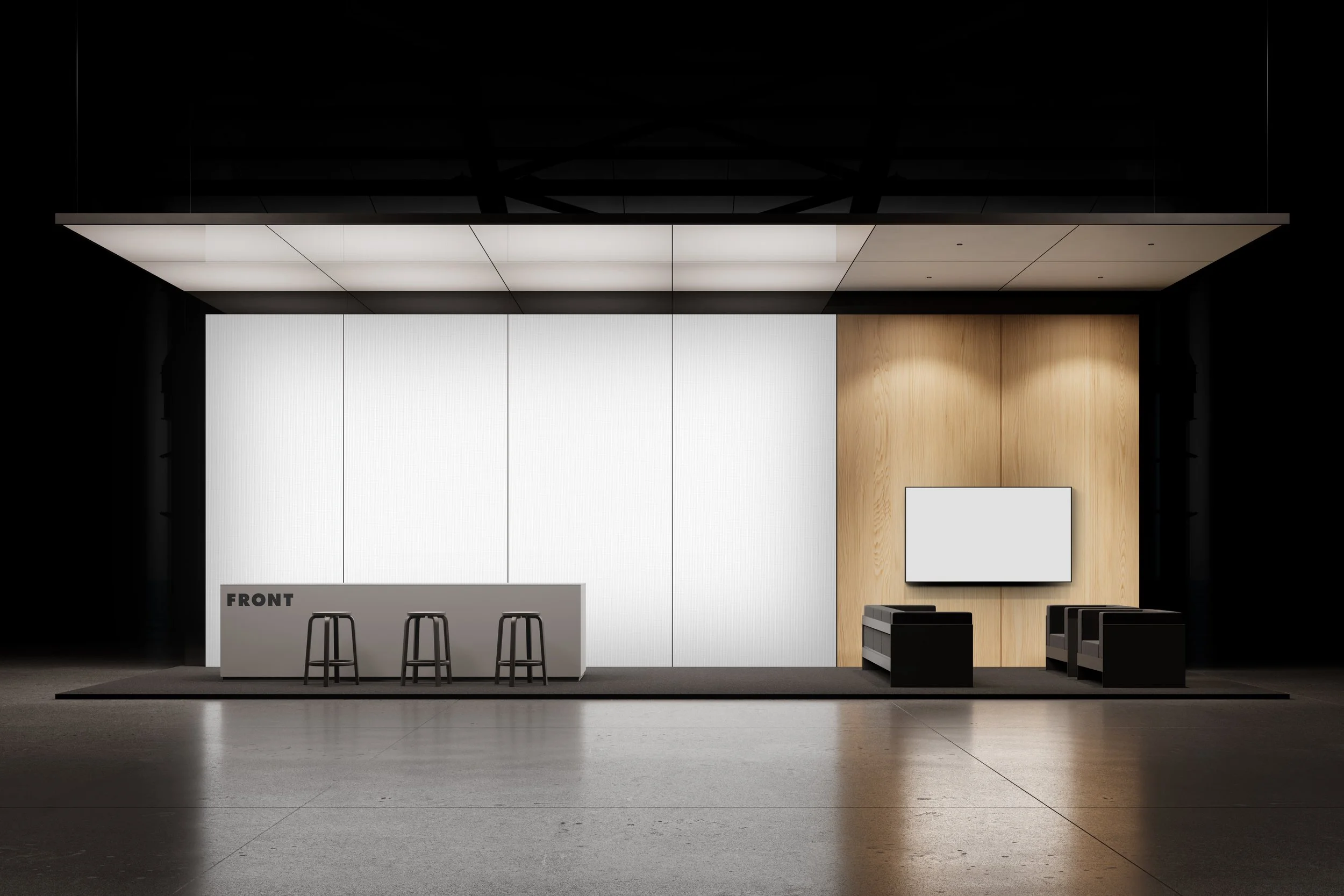 Exhibition stand PSD mockup featuring white branding panels, wooden lounge wall, reception counter and TV screen.
