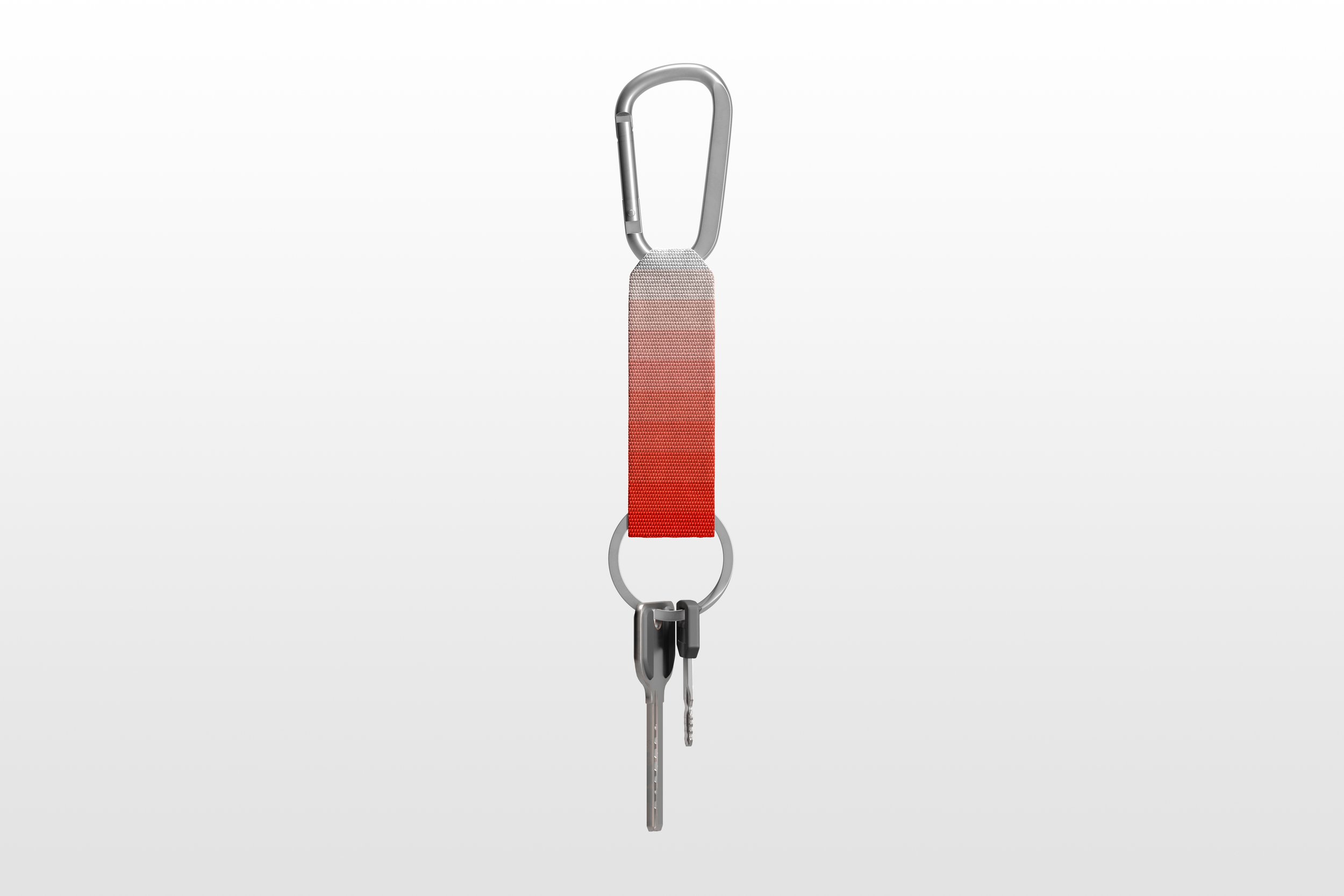 Keychain with red strap and carabiner holding two keys – FRONT Mockups