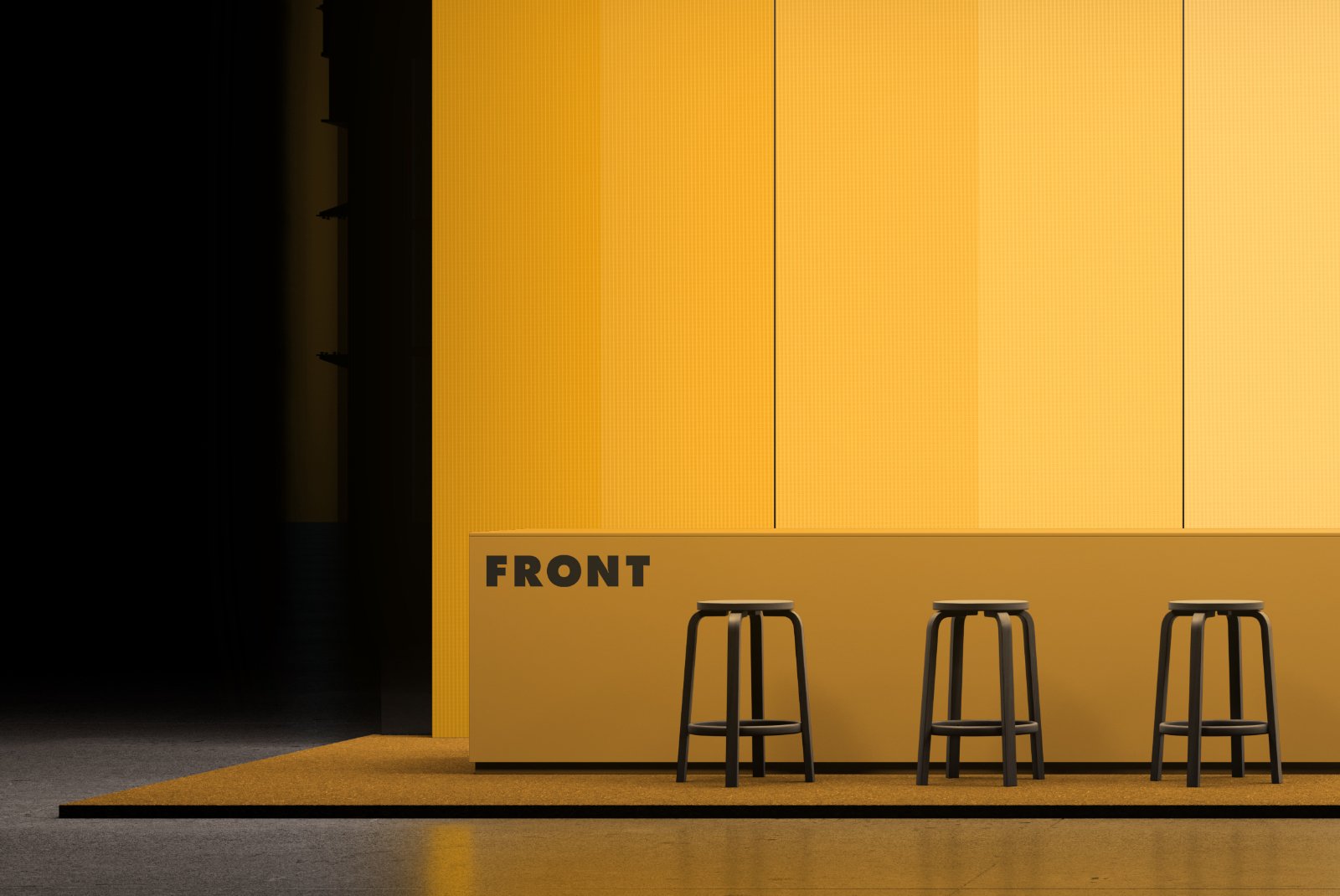 Close-up of the exhibition booth reception podium with customizable logo area.
