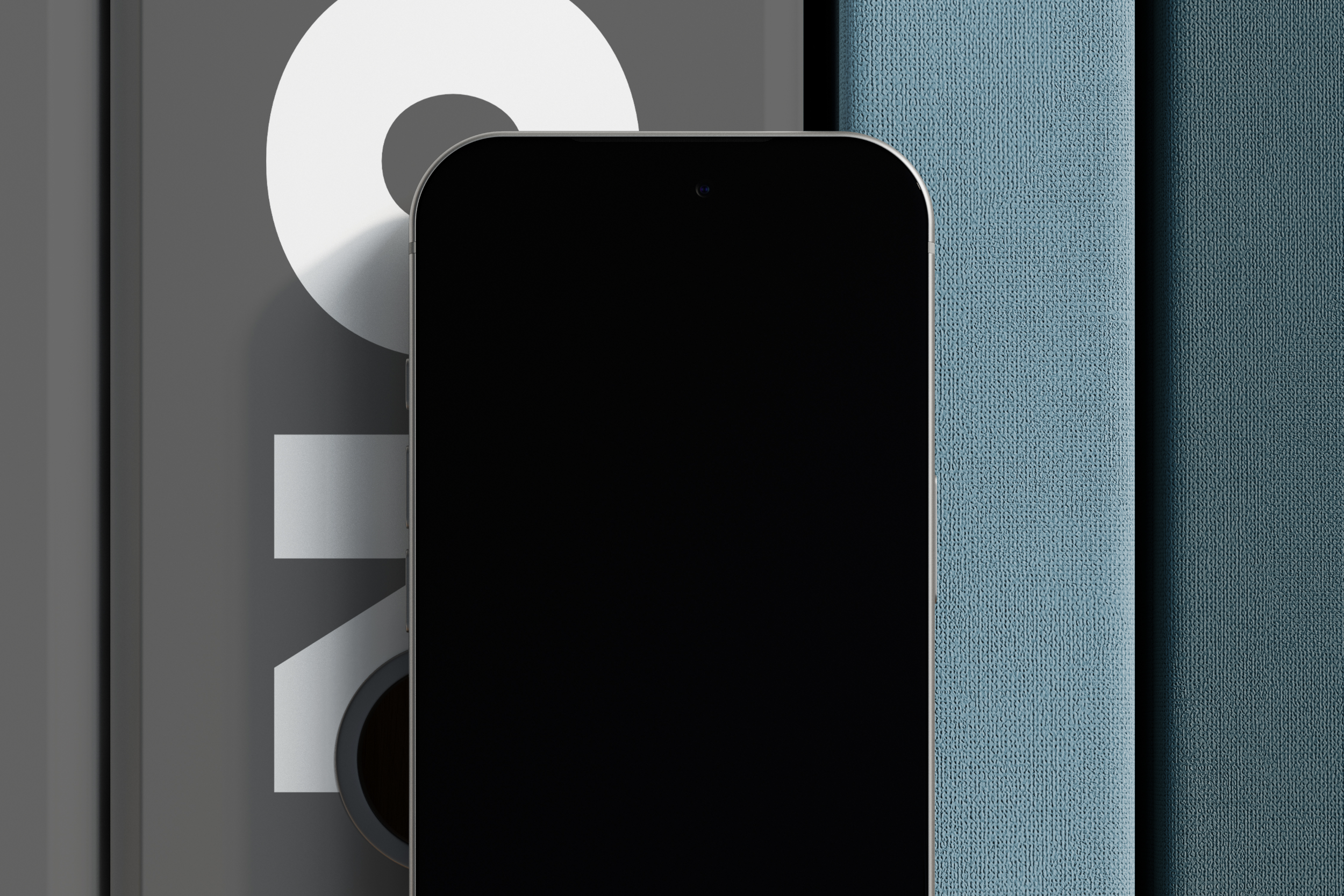 SIlver iPhone 18 Pro mockup with a blank screen on a bookshelf, close-up view