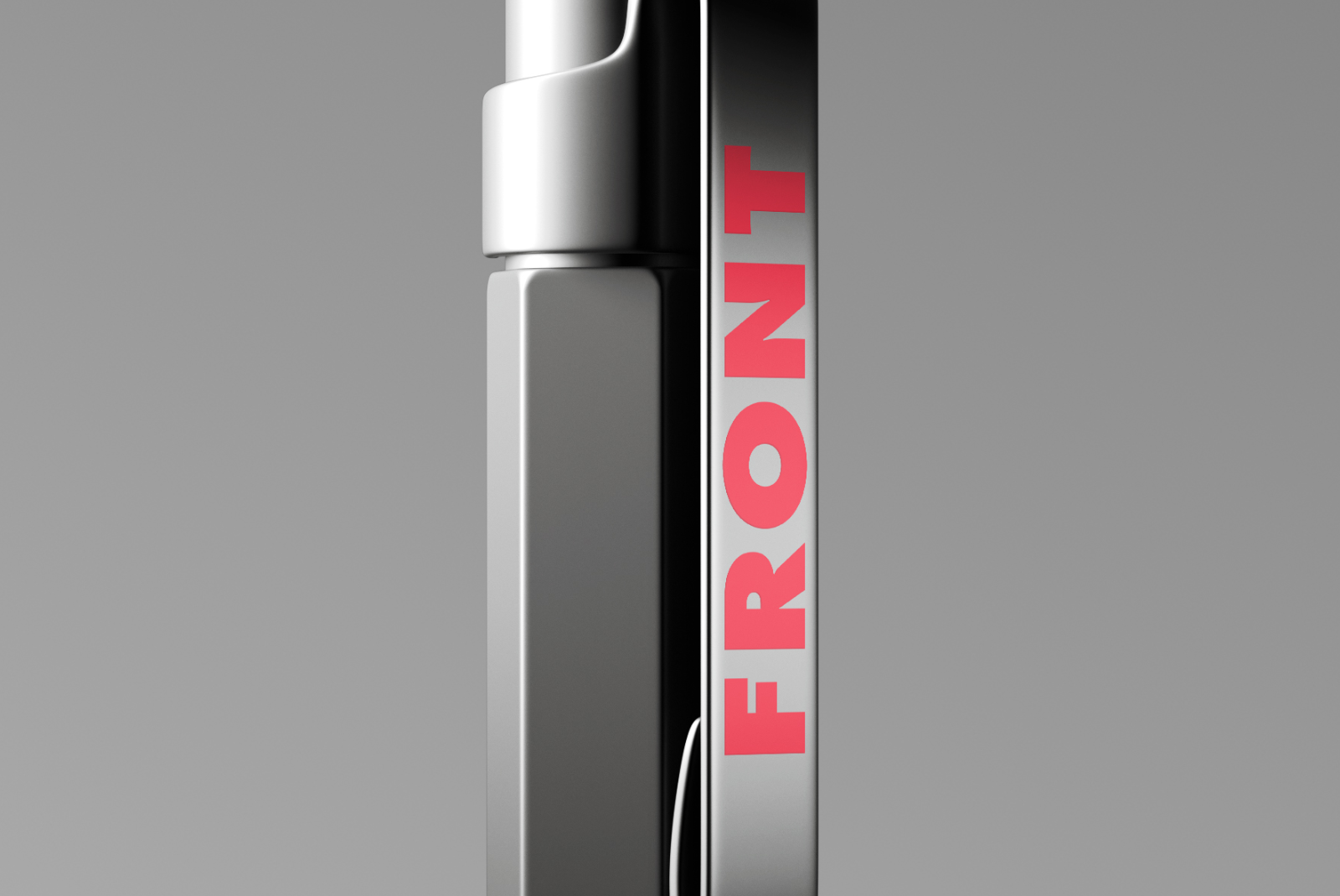 Close-up of the pen clip featuring bold red “FRONT” text, set against a minimal gray gradient for a clean look.