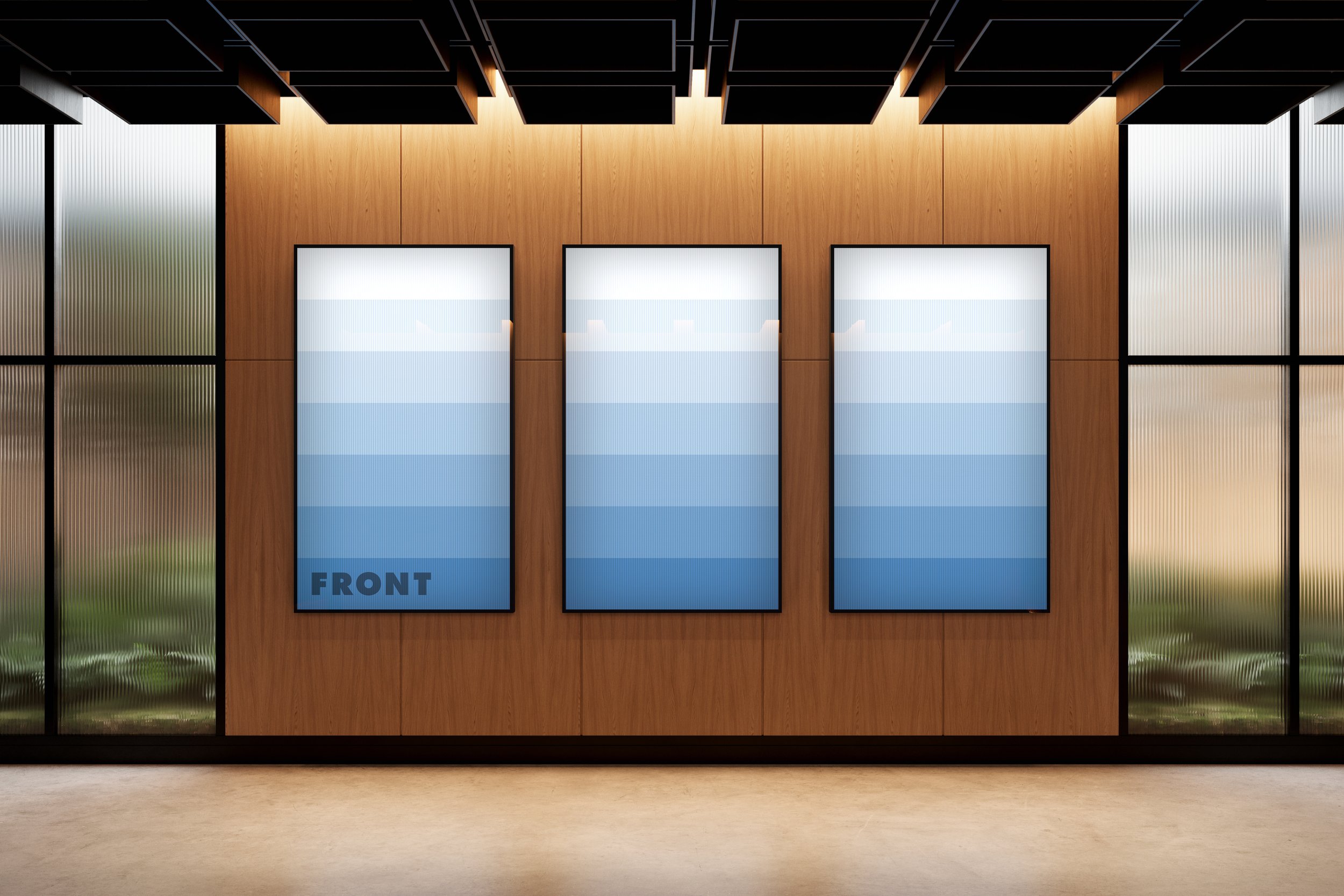 Triple vertical screens on a wood wall with ceiling lights – FRONT Mockups