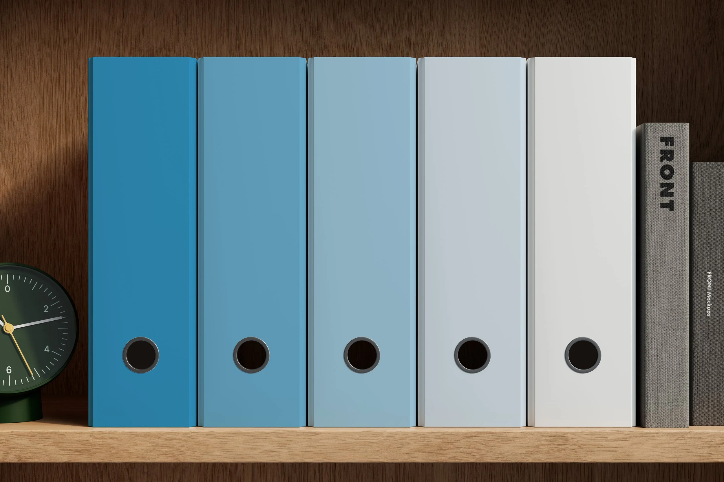 Folder shelf mockup with customizable colored folders on a wooden shelf