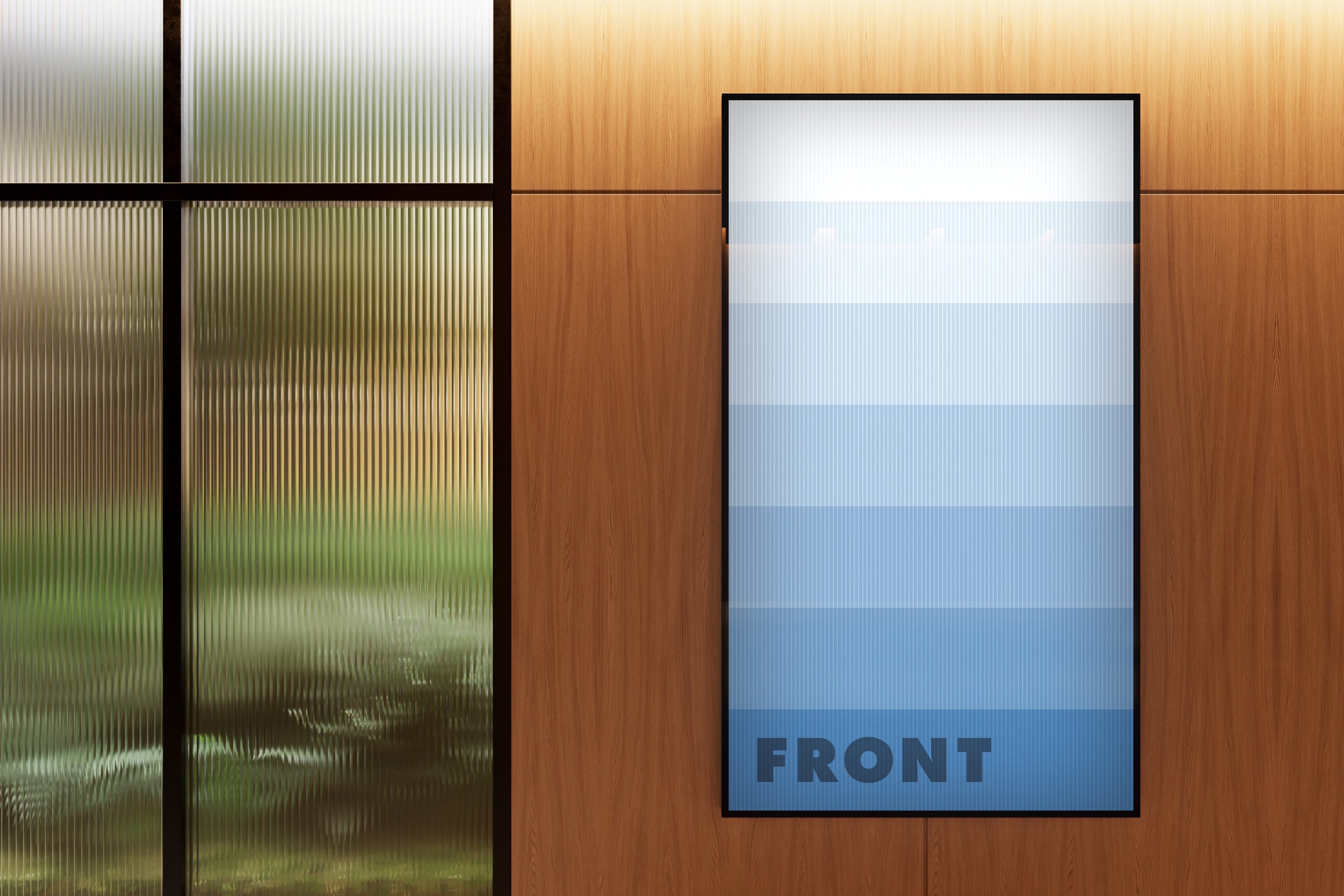 Vertical screen mockup on wooden wall in indoor atrium – FRONT Mockups