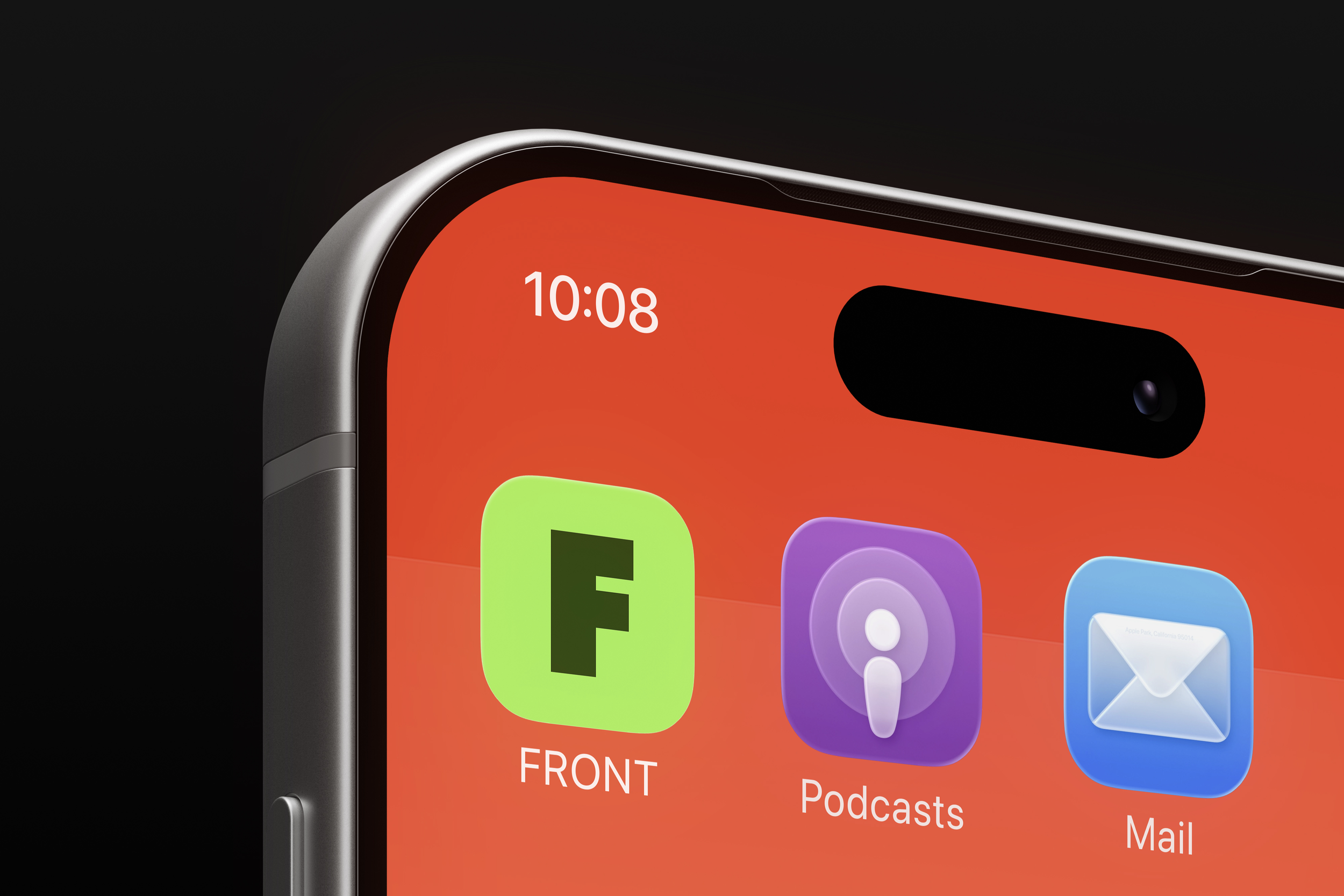 iPhone 17 Pro closeup mockup with colorful app icons on red gradient background