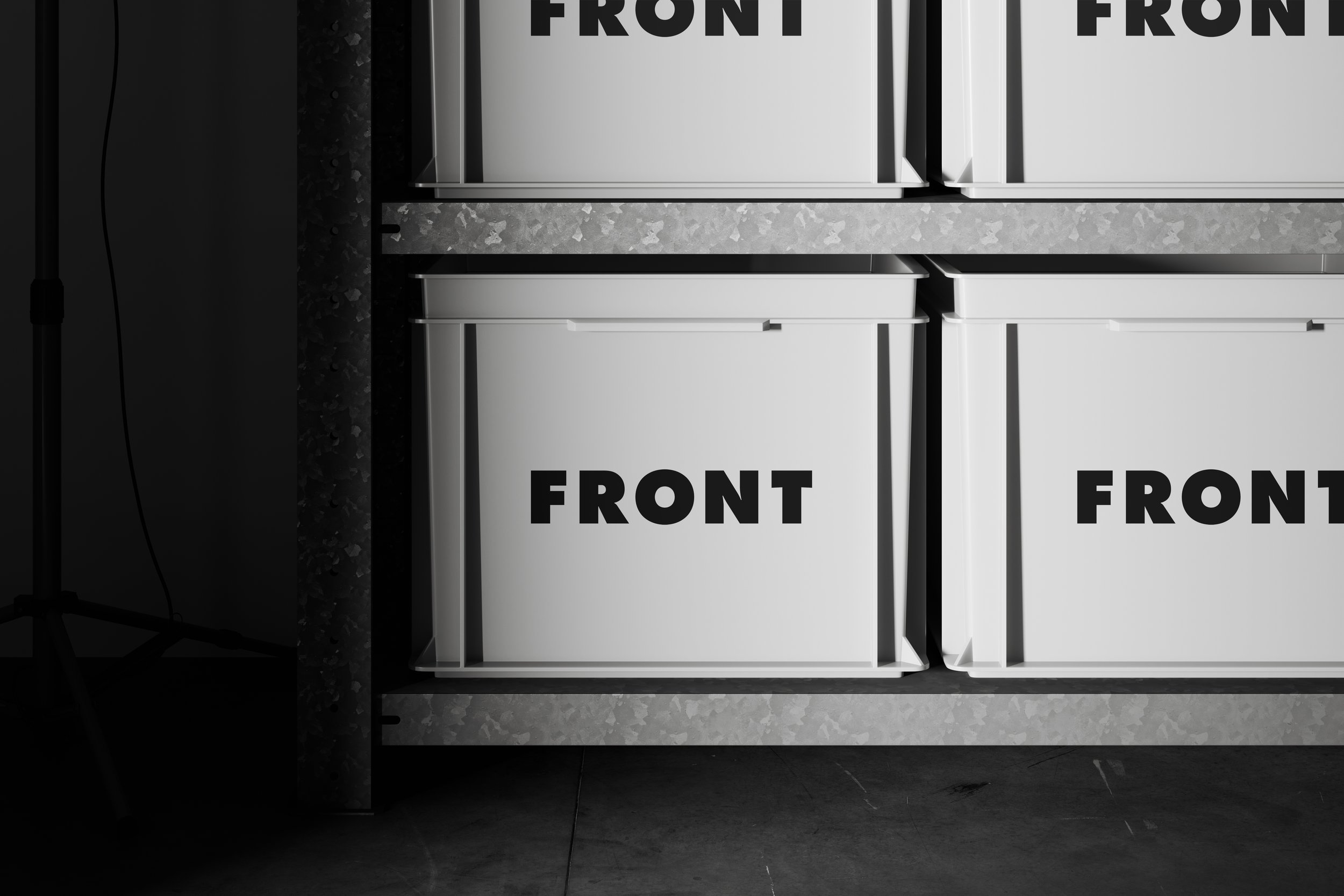 White plastic crate mockup on metal shelving in dark warehouse scene