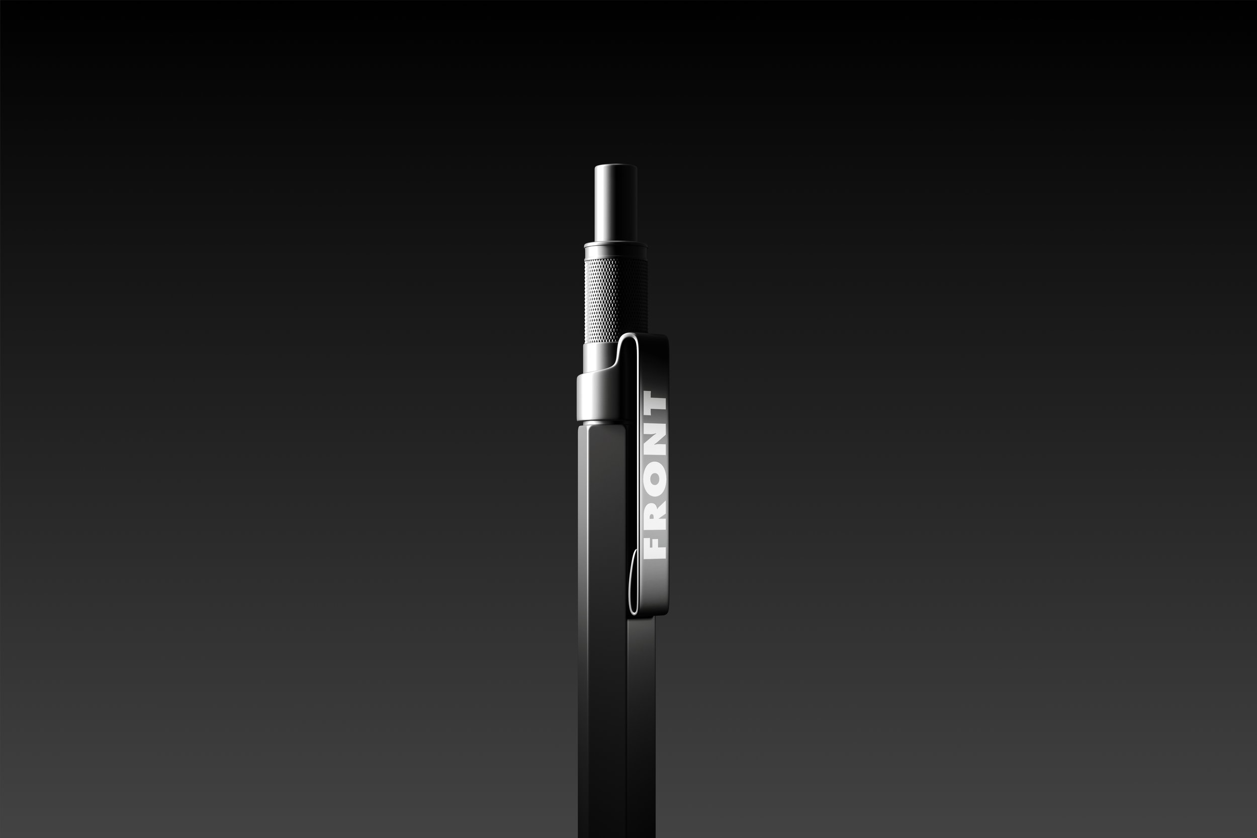 Stainless steel pen mockup with white “FRONT” text on the clip, presented on a dark, dramatic background for contrast.