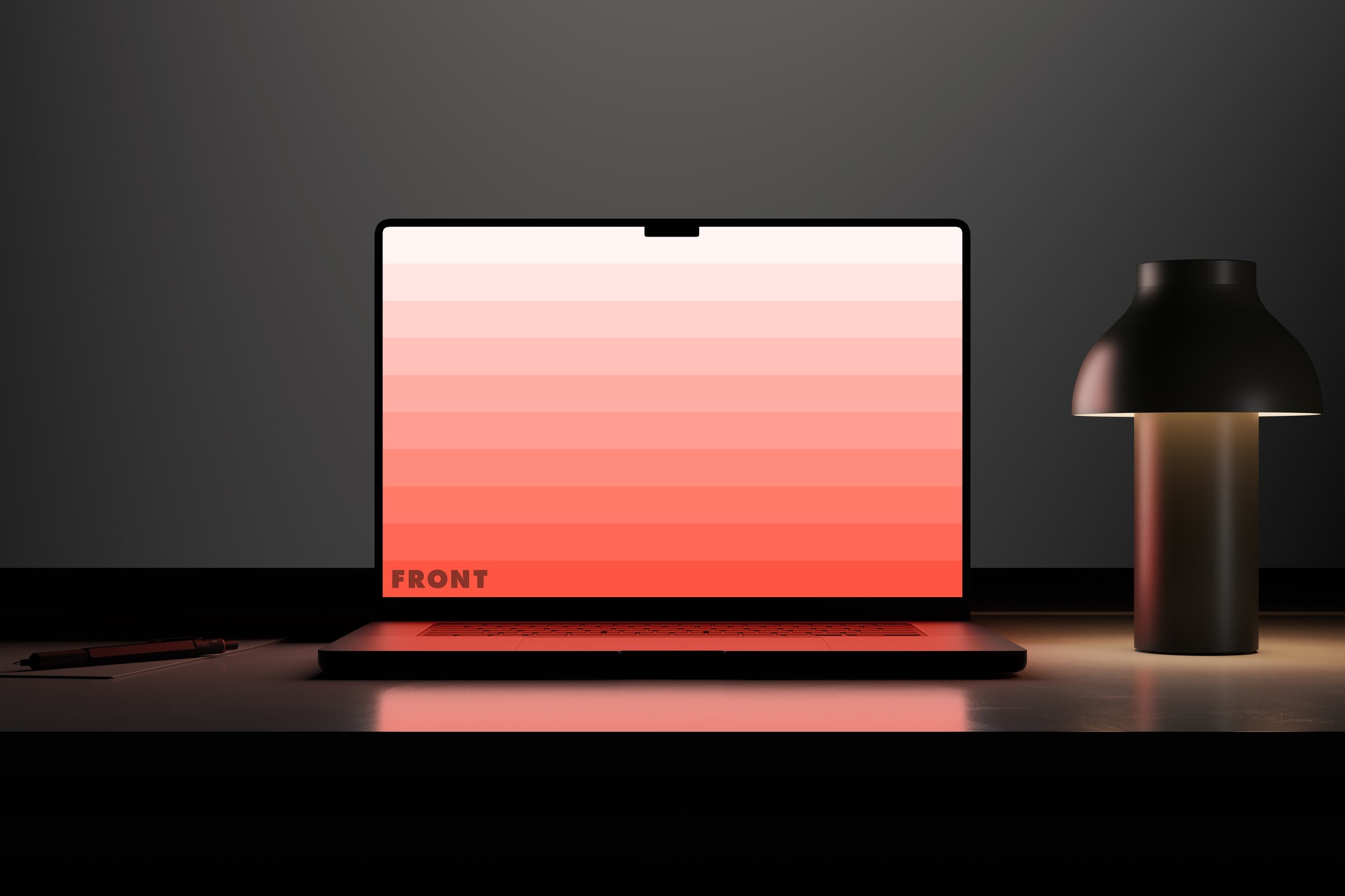 MacBook Pro 16 on white desk with moody lighting and Hay PC lamp – FRONT Mockups