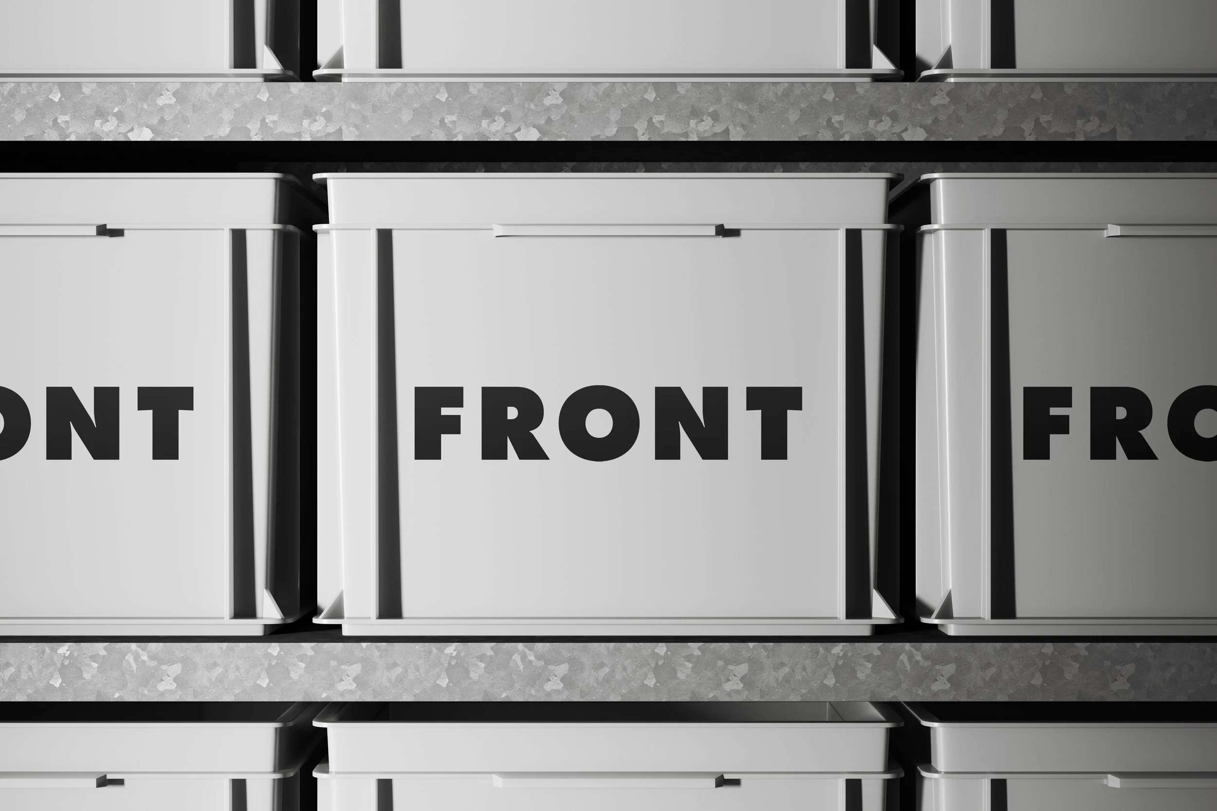 White plastic crate mockup on metal shelving with repeating storage boxes