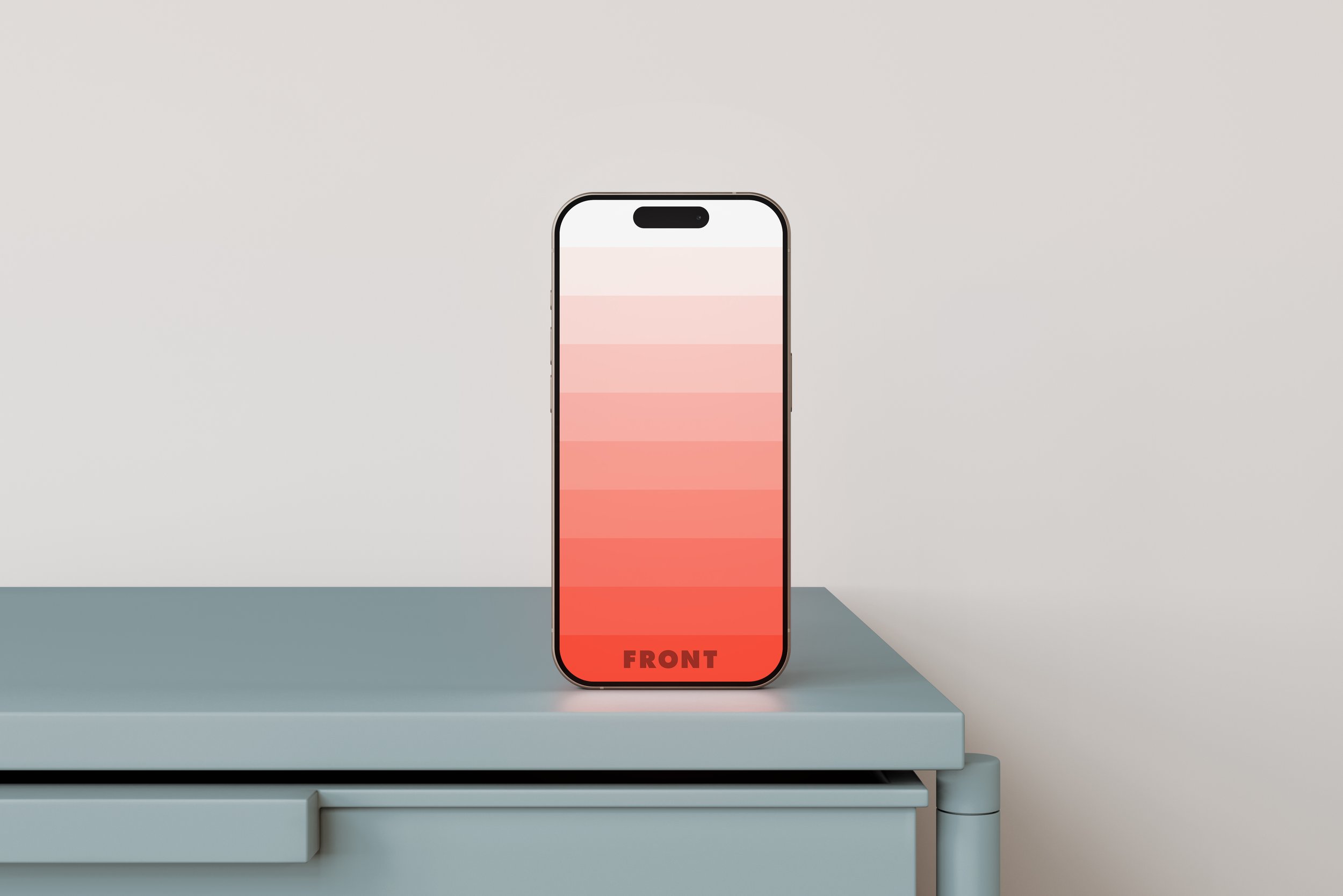 iPhone 15 Pro mockup standing on Kartell Mobil Mat drawer in blue – FRONT Mockups