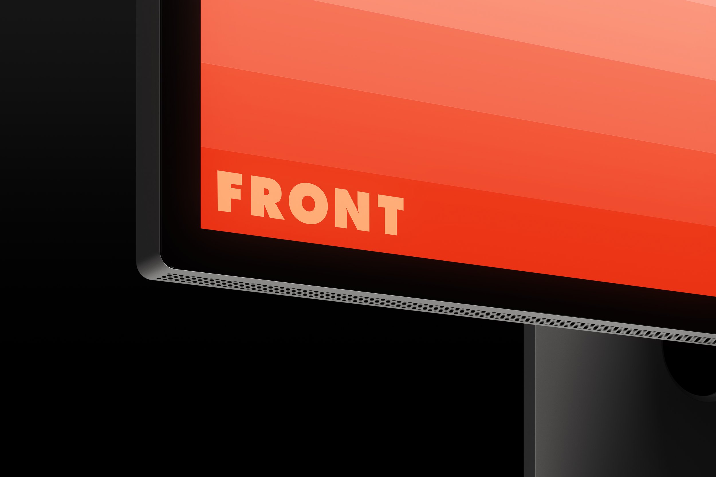 Apple Studio Display closeup mockup with FRONT logo on screen