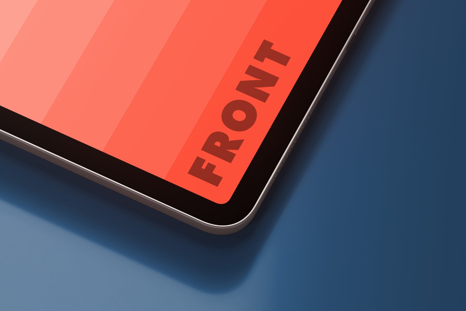 iPad Pro mockup close-up on blue table – FRONT Mockups