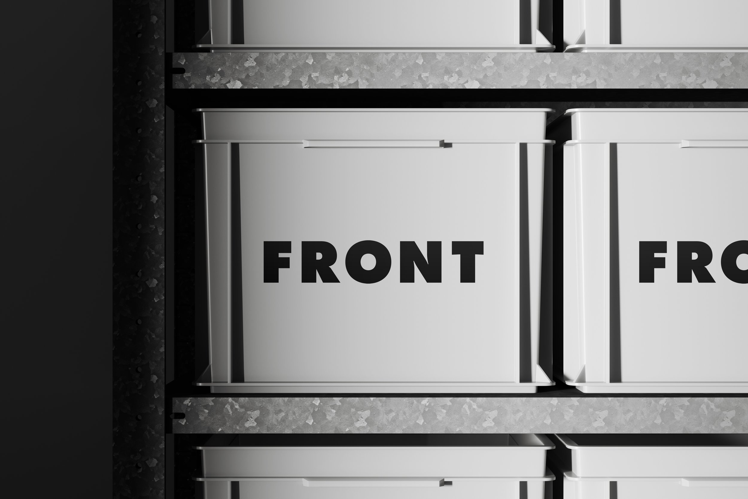 White plastic crate mockup on shelf with realistic shadows and lighting