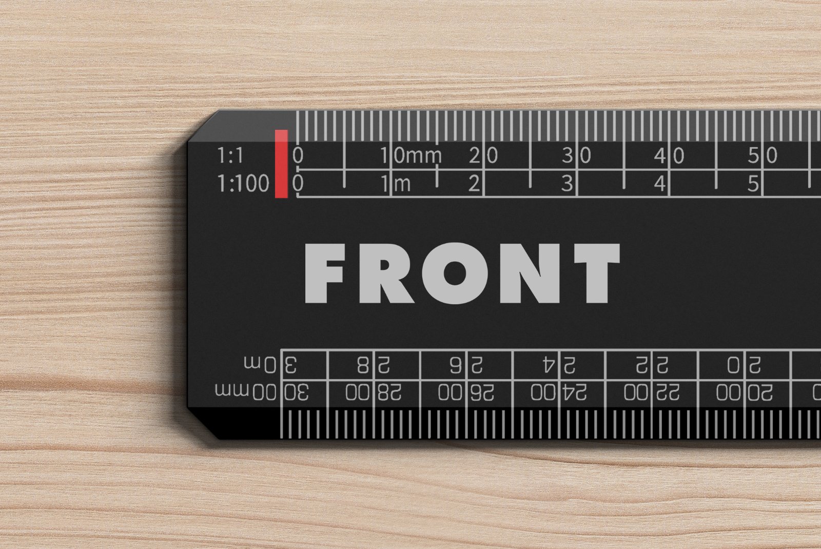 FRONT ruler mockup close-up on plywood, detailed view of red alignment indicators and dual scale markings