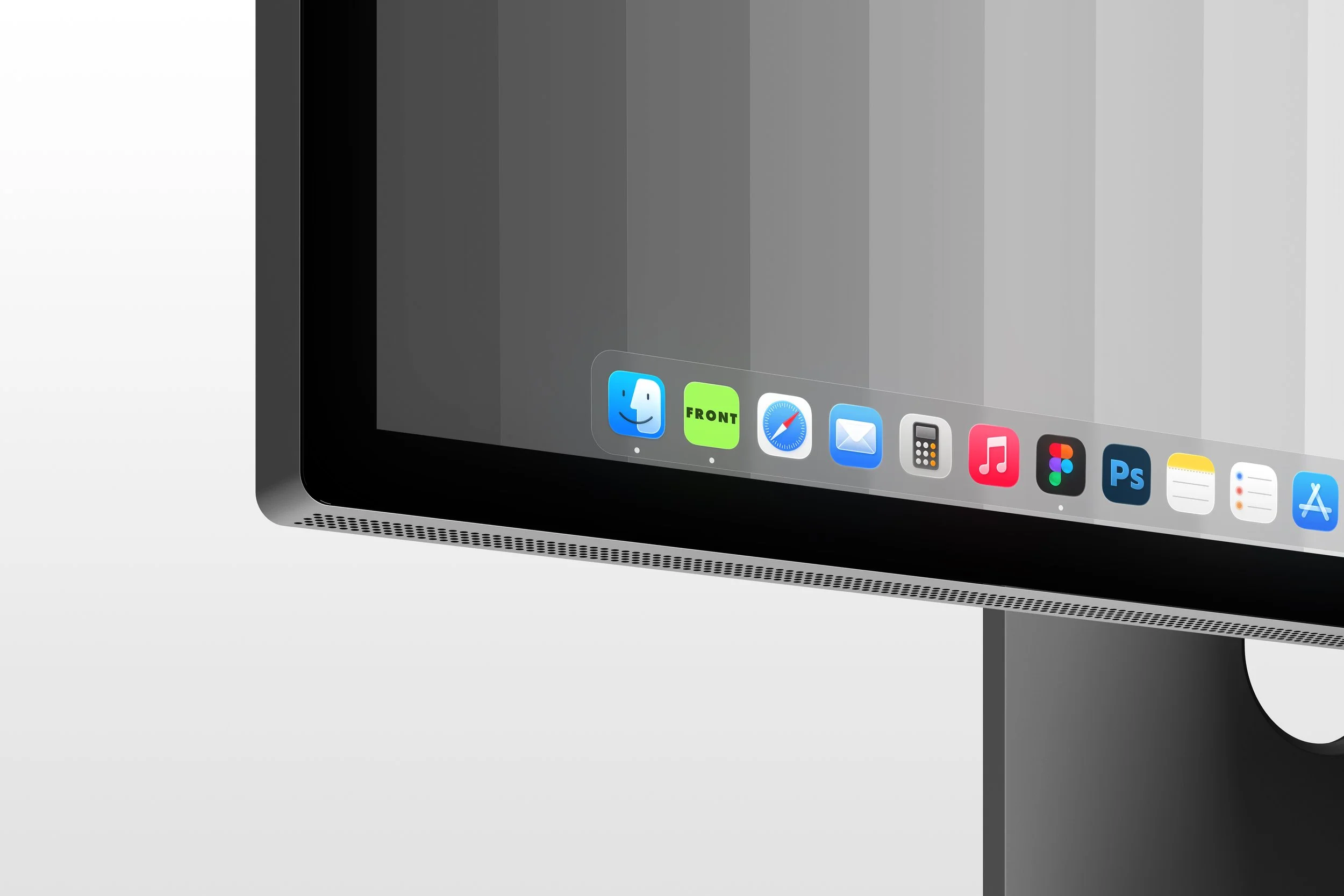 Apple Studio Display mockup with dark screen and minimal dock layout
