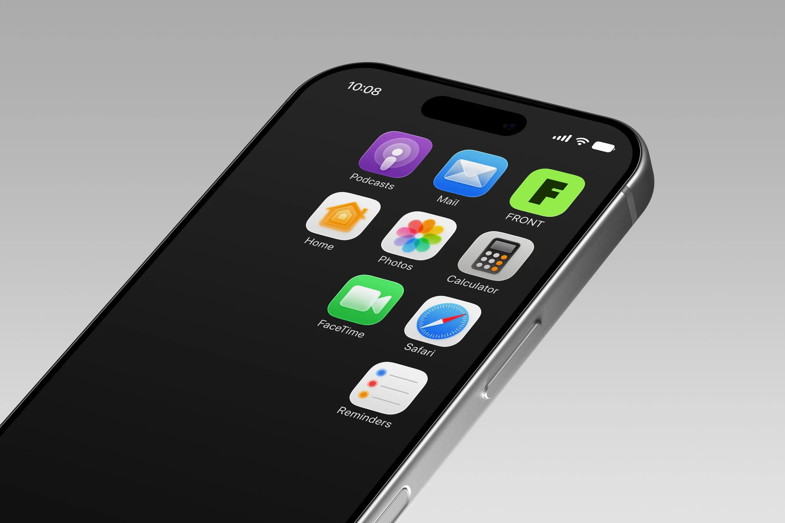 Close-up iPhone 17 Pro PSD mockup displaying a dark home screen with app icons
