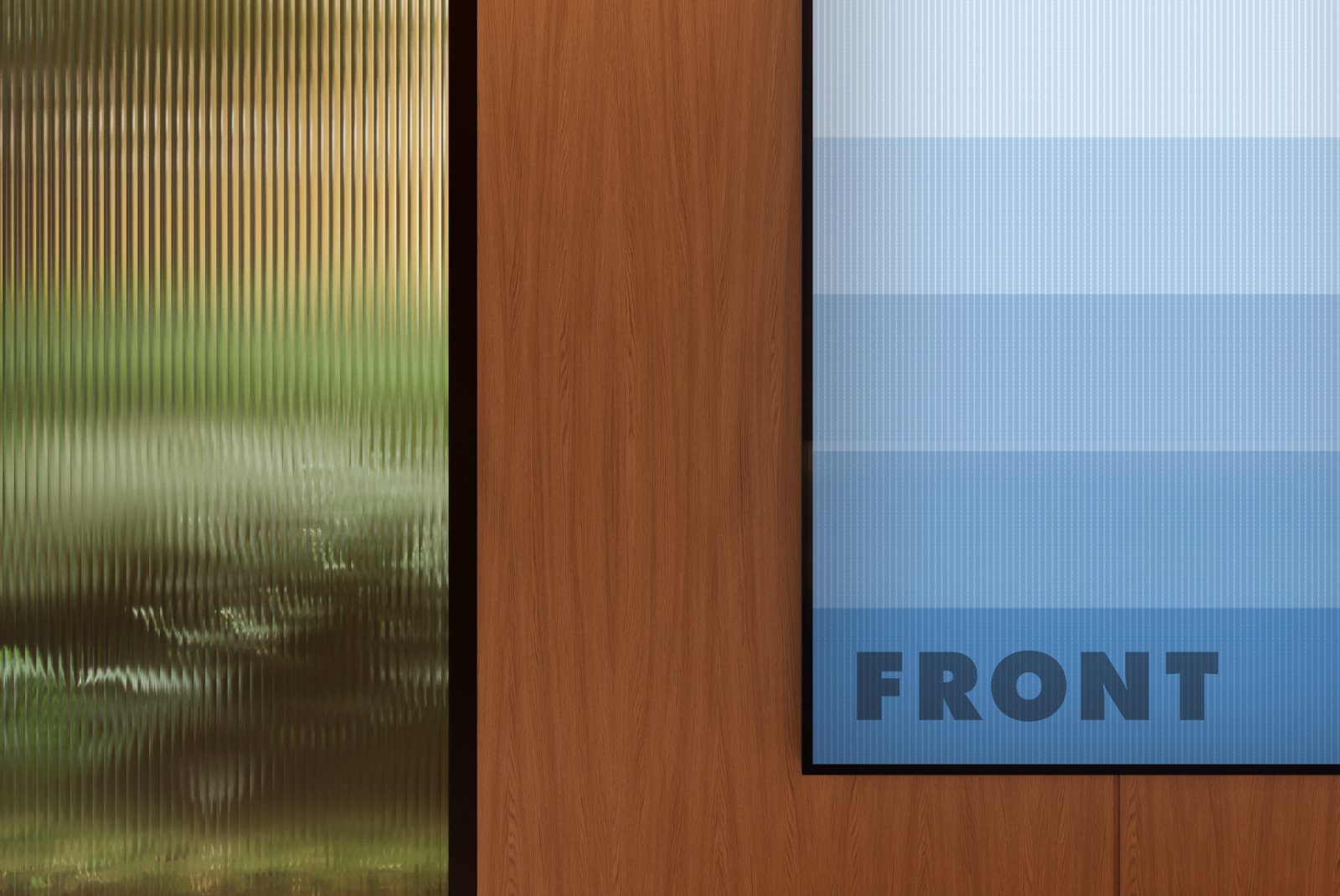 Close-up of framed screen with wood and glass details – FRONT Mockups