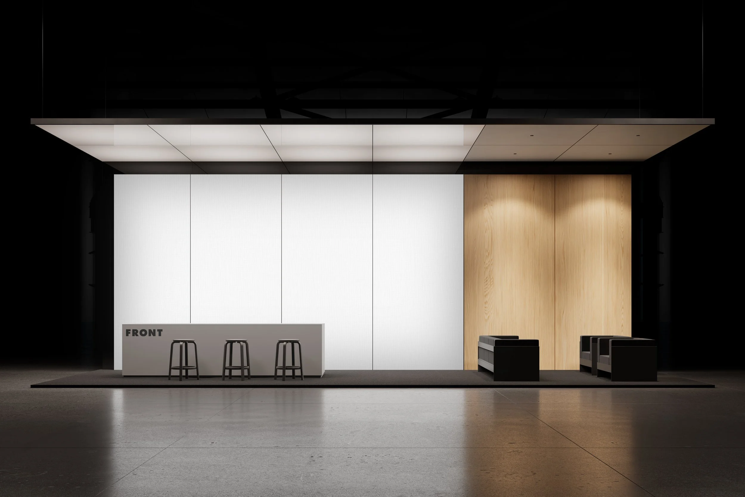 Trade show booth mockup with customizable white display walls, wooden accent wall and lounge seating.