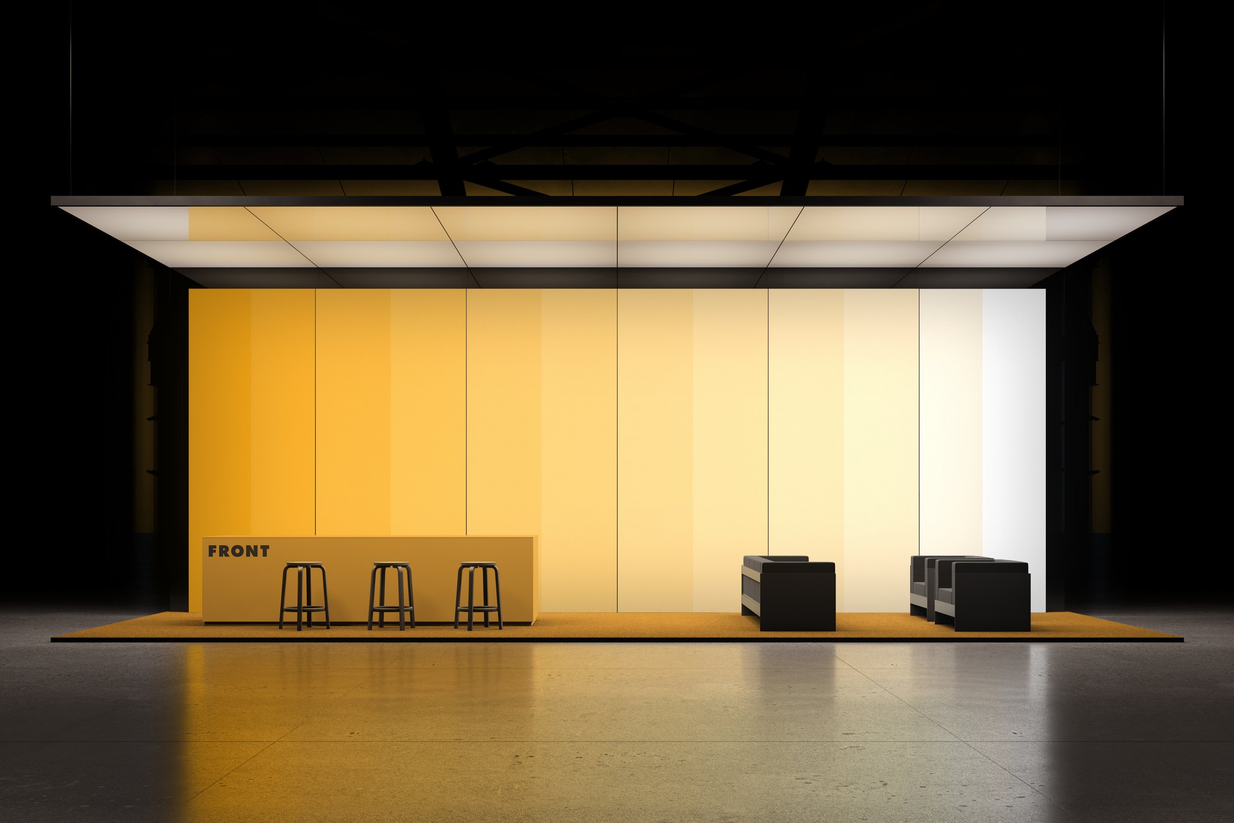 Exhibition booth mockup with warm adaptive lighting in an industrial event space.