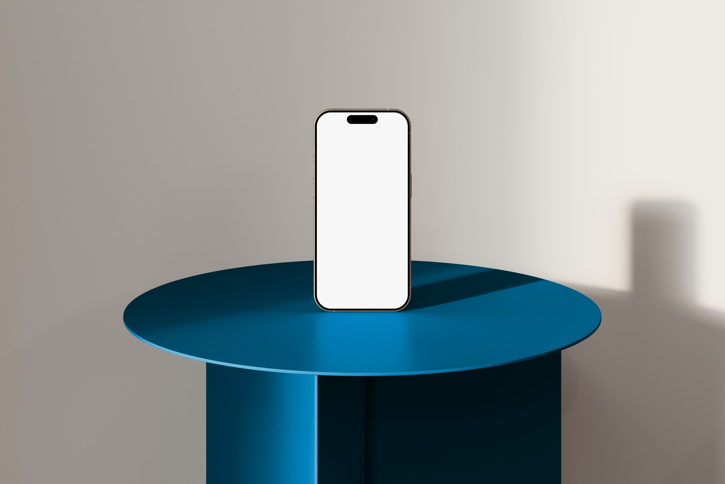 iPhone 15 Pro upright on blue Hay Slit coffee table with wall background – FRONT Mockups