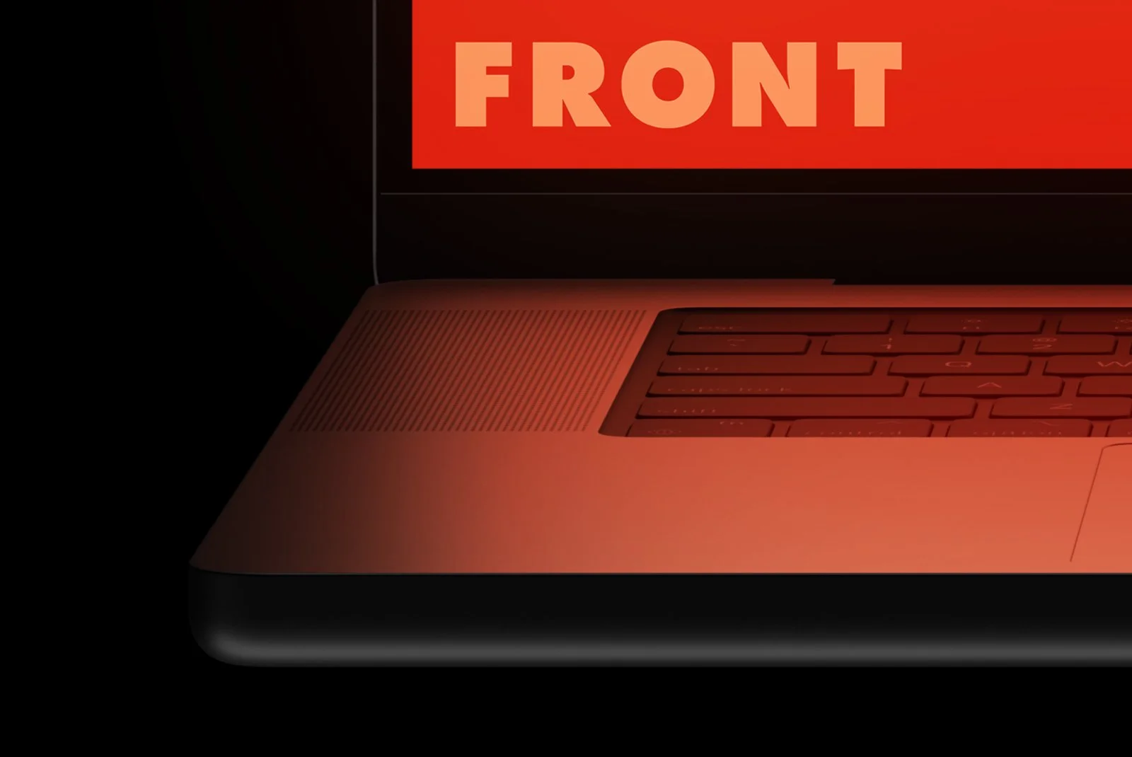 MacBook Pro keyboard closeup mockup with warm red lighting and screen glow