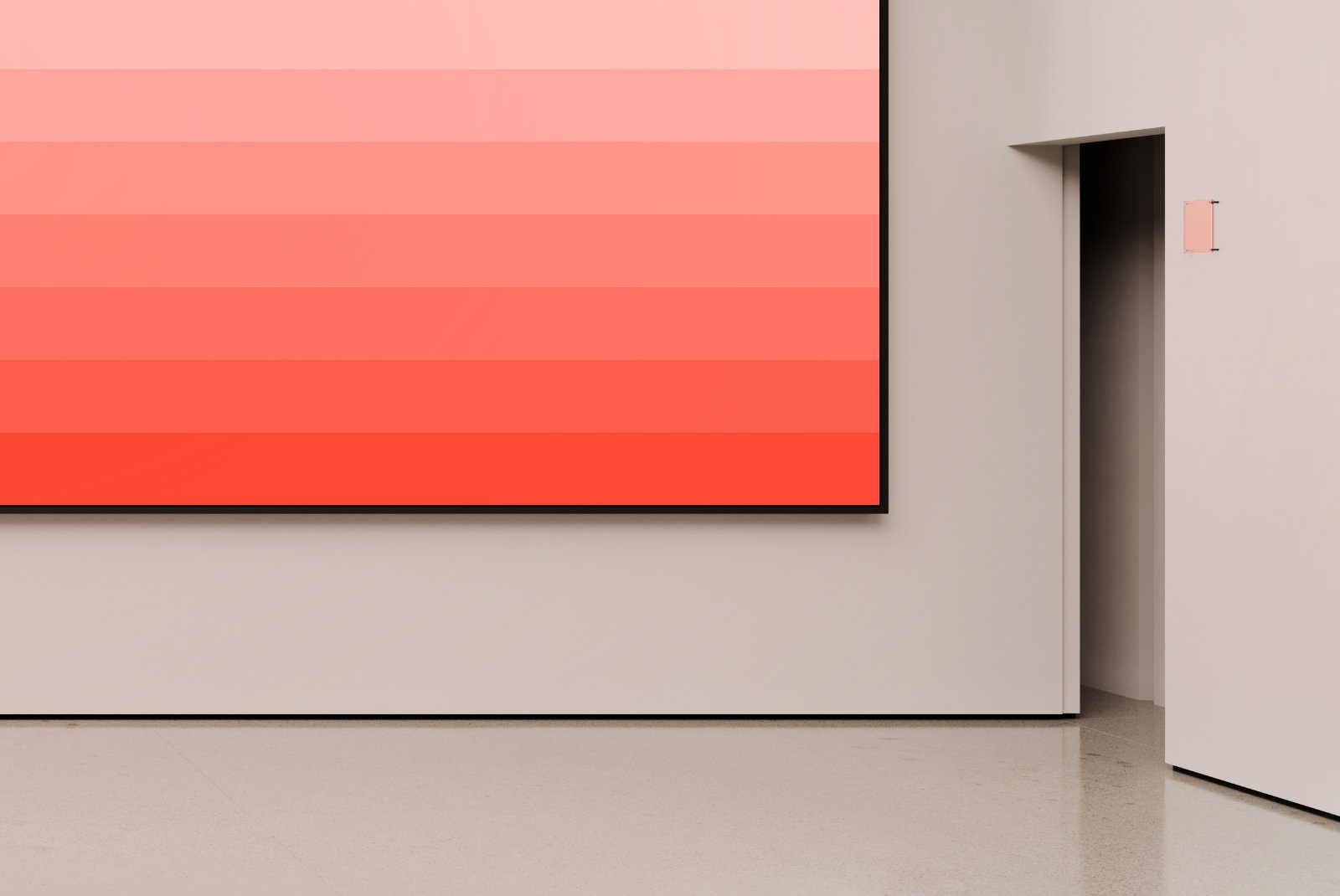 Close-up of right edge of large screen and exit door in gallery – FRONT Mockups