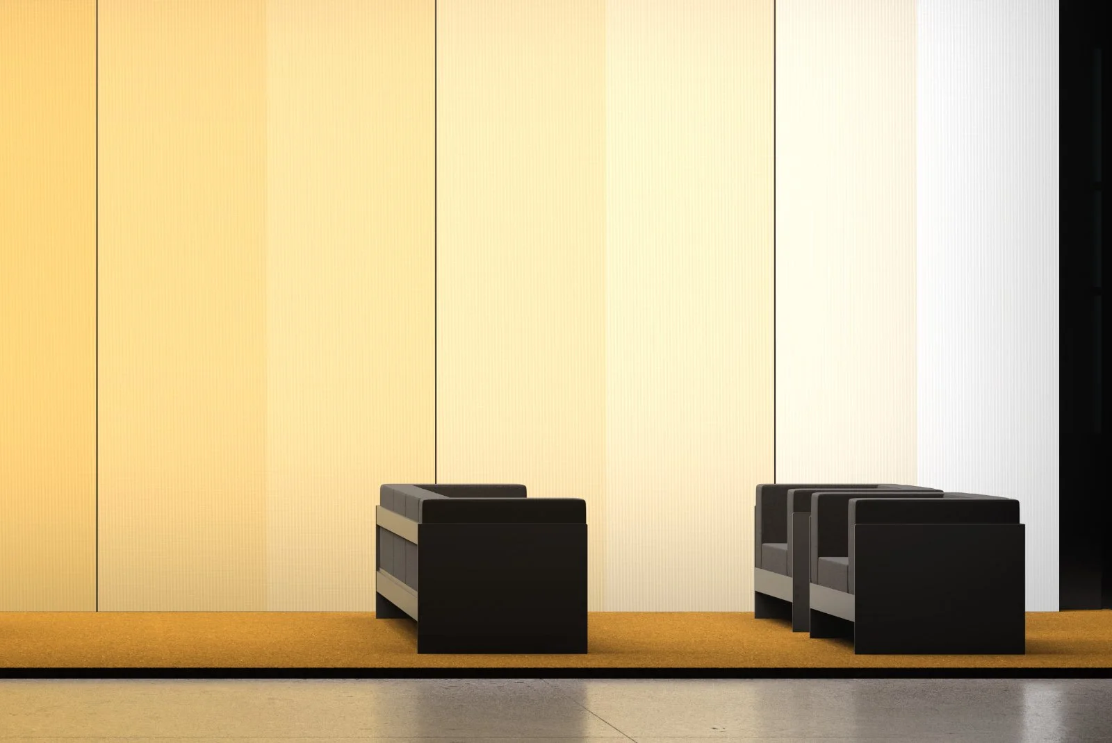 Exhibition booth lounge area with customizable backdrop and seating.