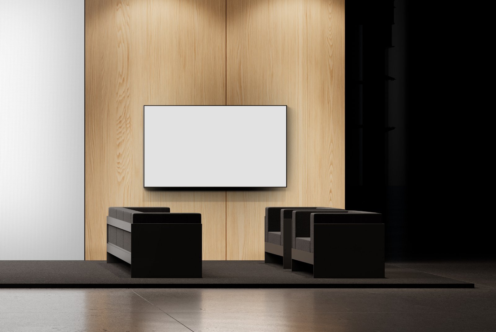 Trade show lounge mockup with wooden feature wall, TV screen and modern seating area.