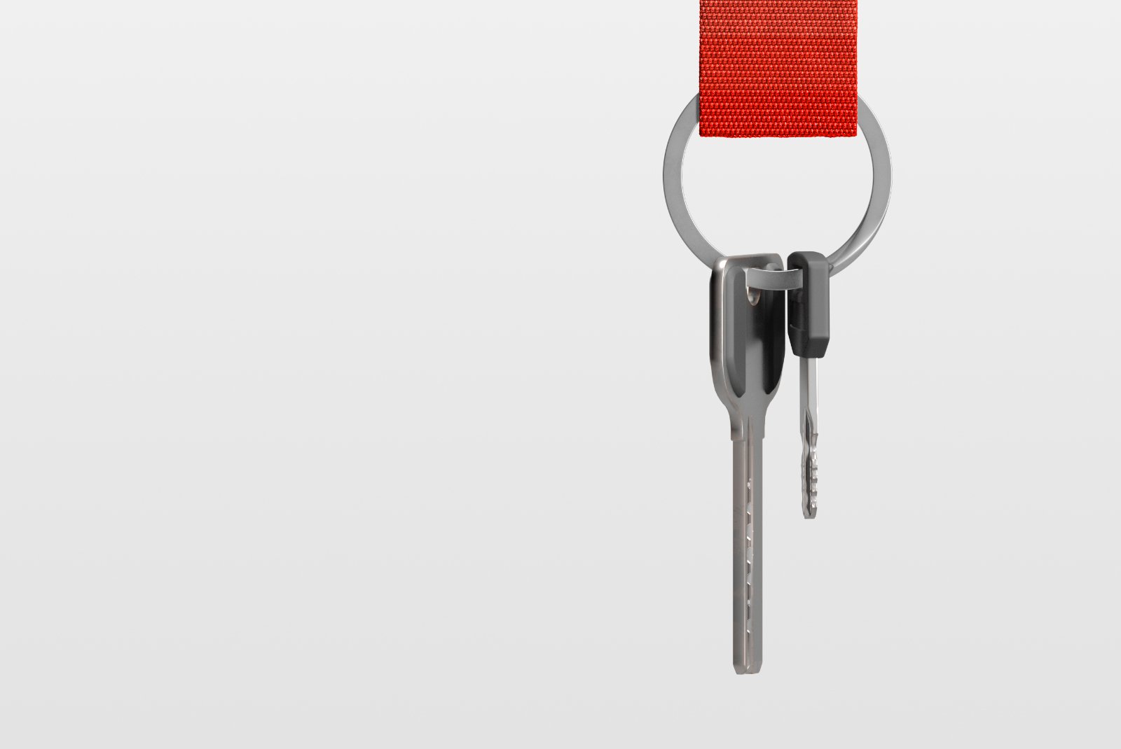 Bottom view of red strap keychain with keys attached – FRONT Mockups