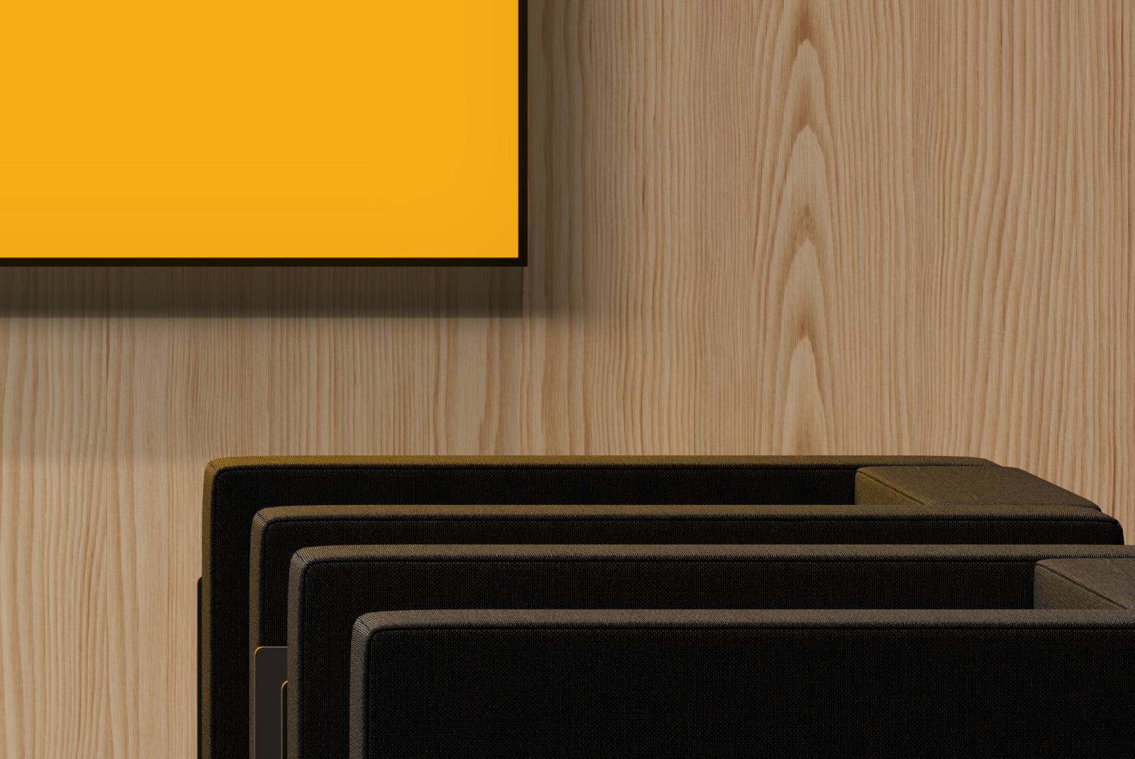 Detail of seating area in TV lounge exhibition booth with wooden wall