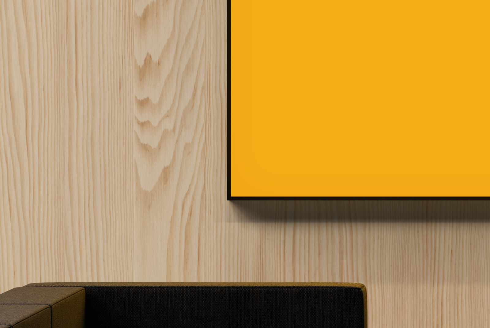 Close-up of TV lounge exhibition booth mockup with wooden wall