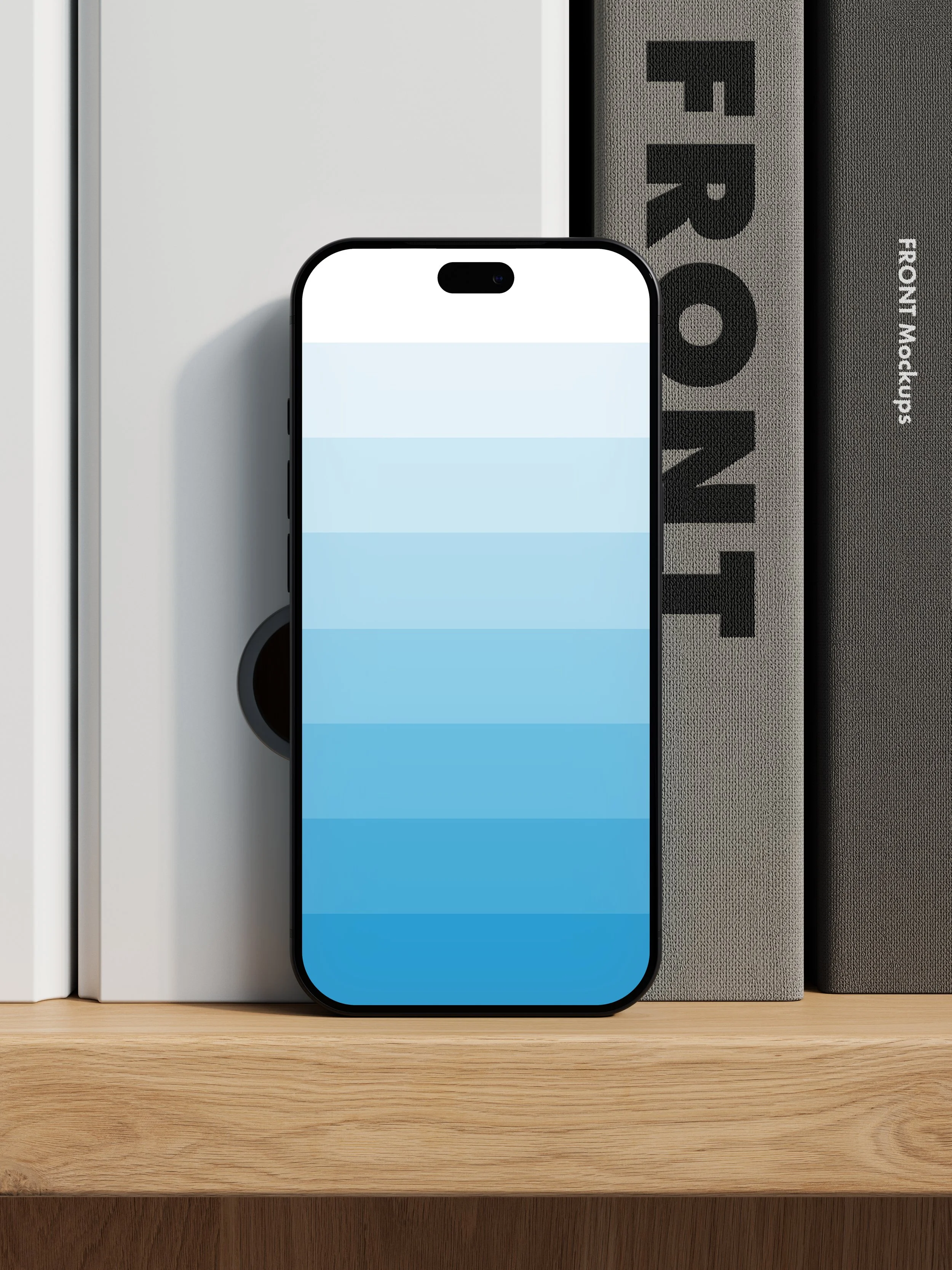iPhone 18 Pro mockup with blue screen artwork on a bookshelf