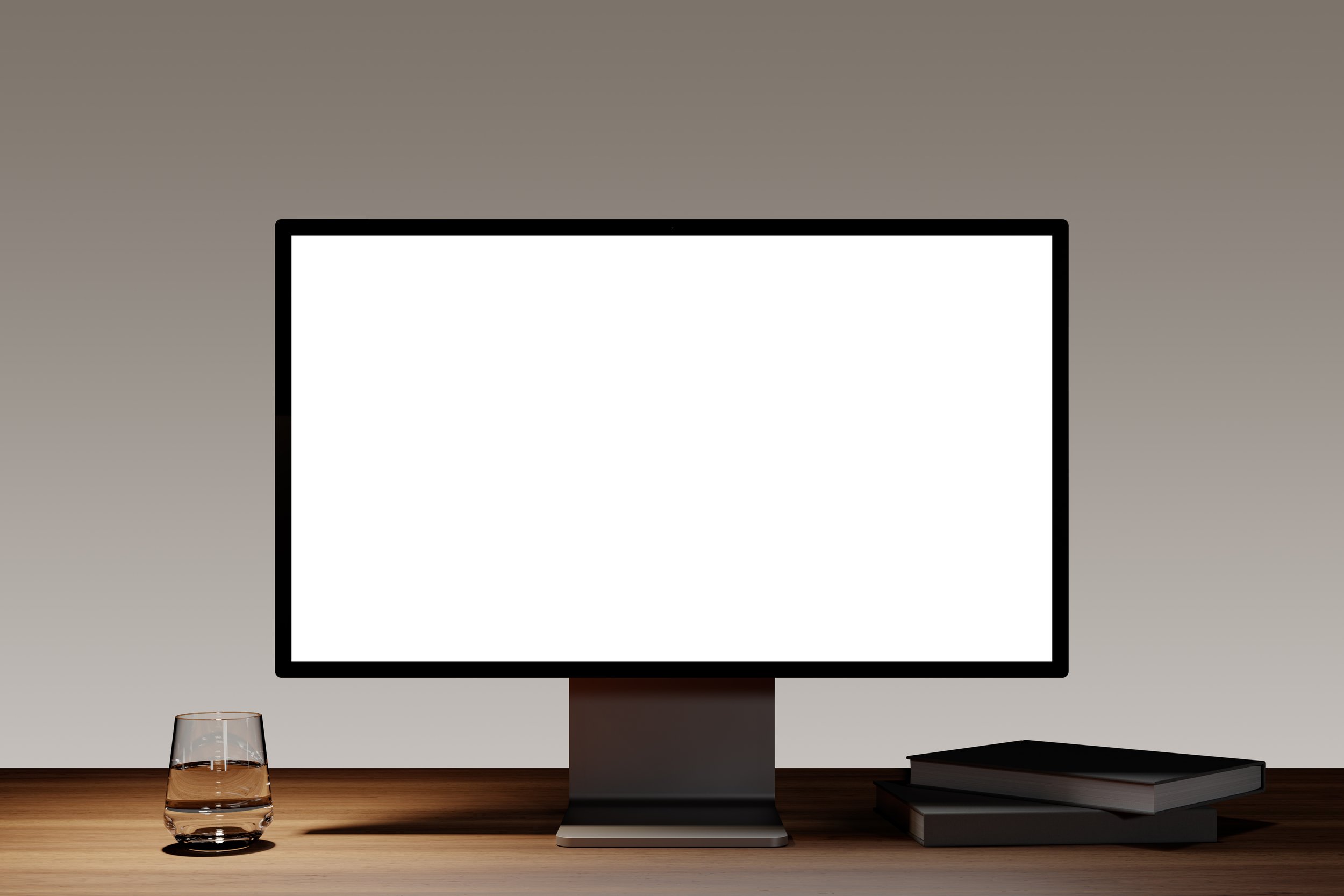 Studio Display on wooden desk with bright gradient background and ambient lighting – FRONT Mockups