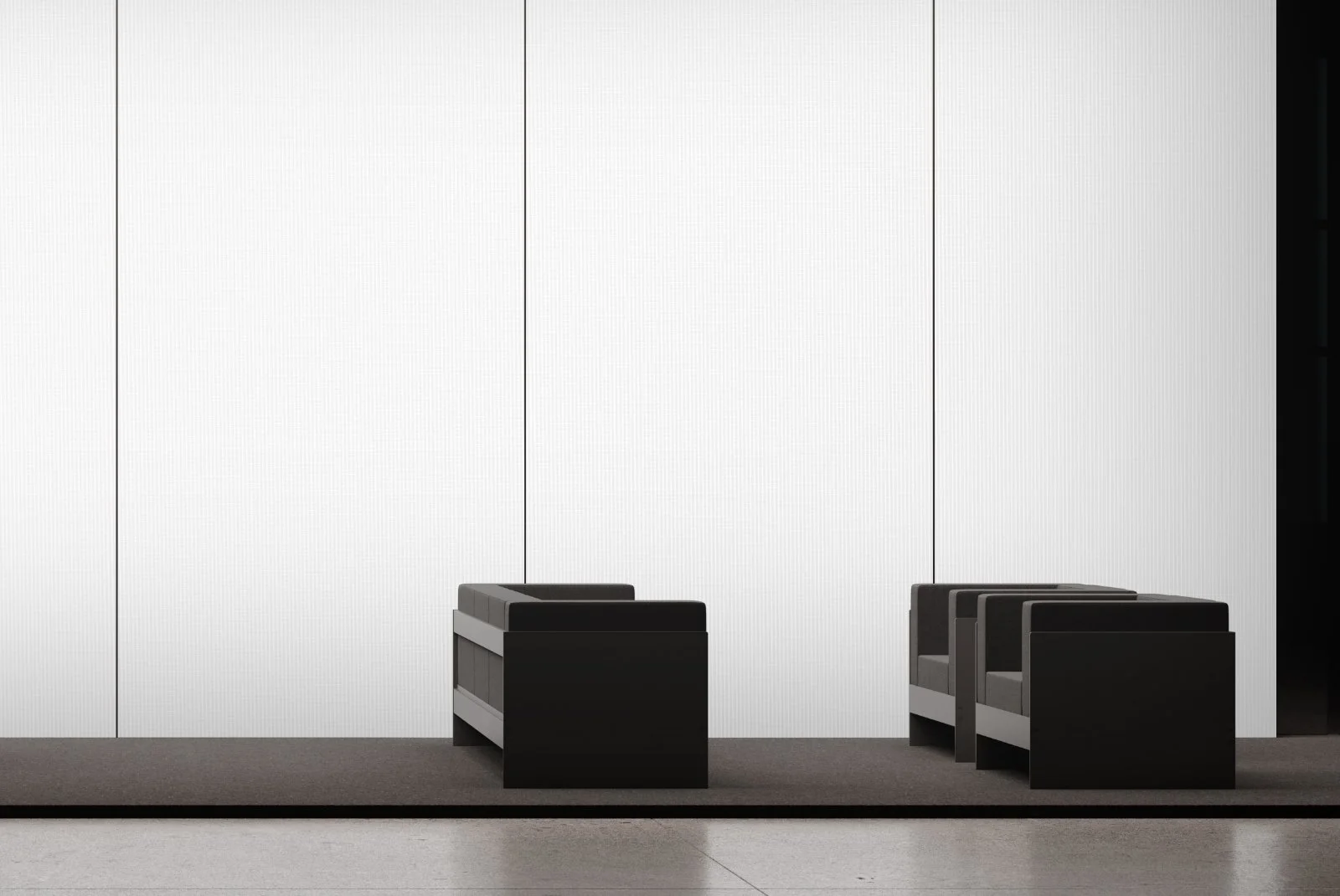 Exhibition booth lounge area showing adaptive lighting and customizable backdrop.