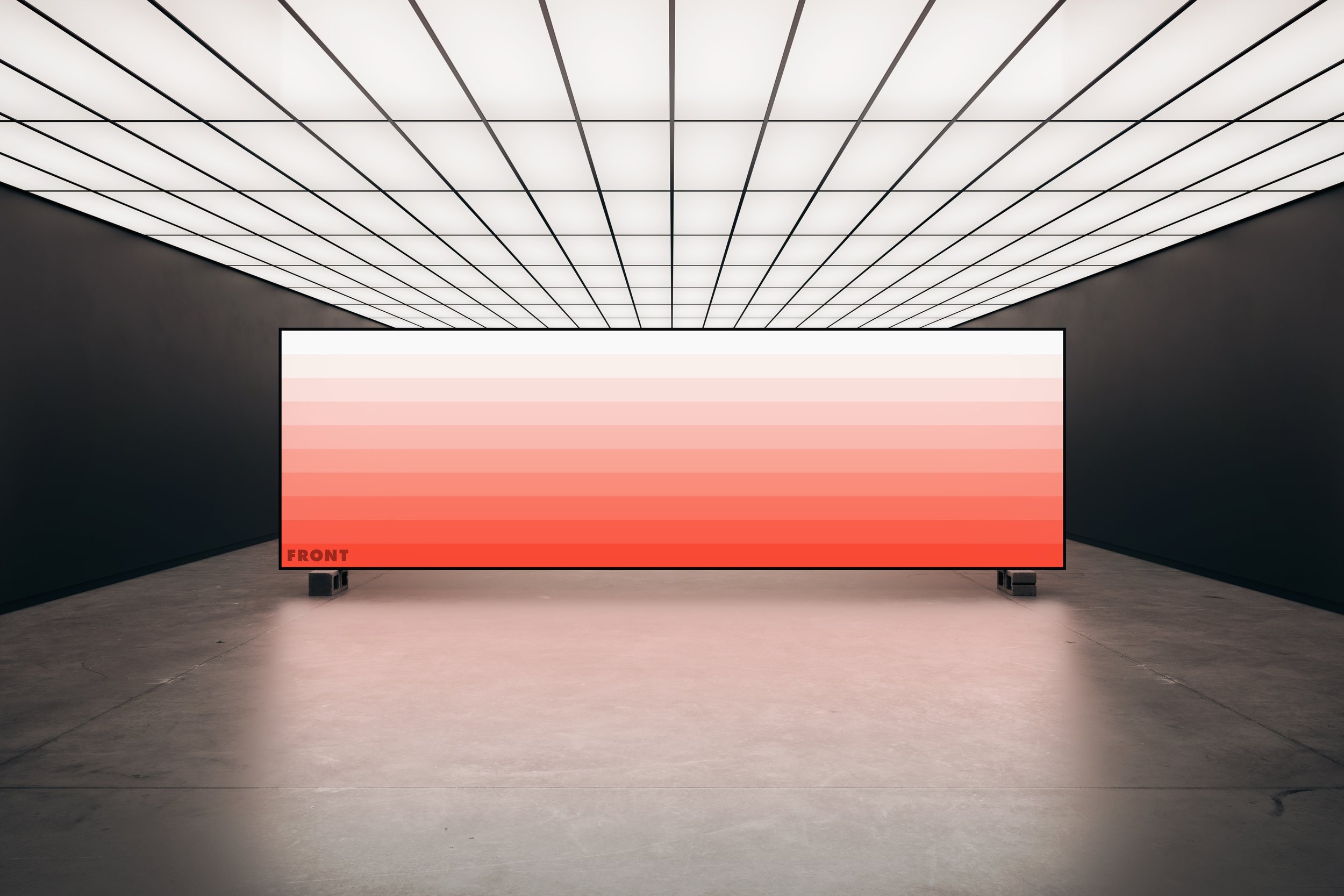 Wide view of large screen in minimal space with lit ceiling – FRONT Mockups