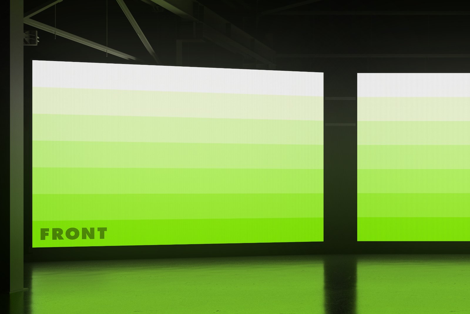 Wide-angle view of triple screens with green lighting and FRONT branding – FRONT Mockups