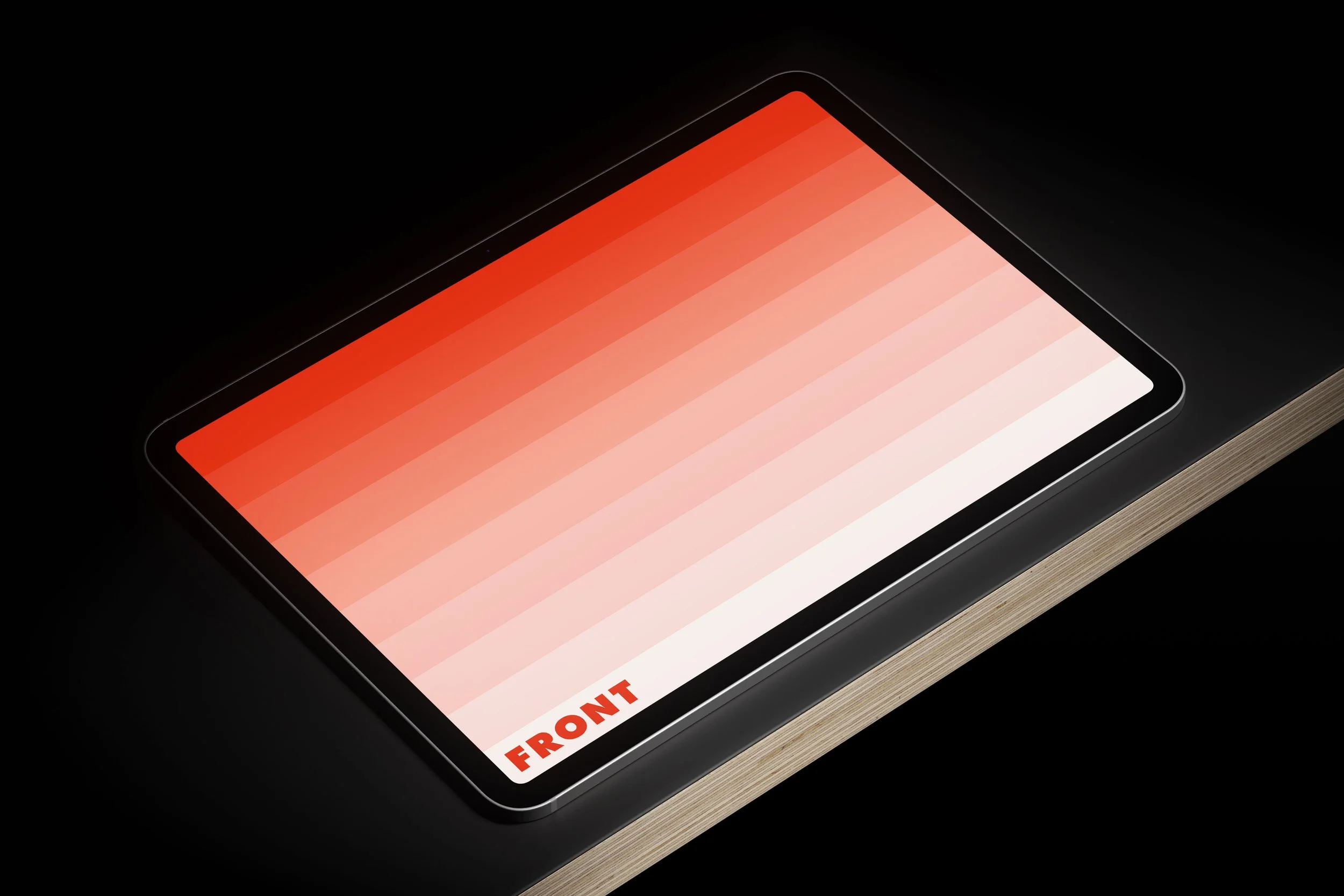 iPad Pro M5 11 mockup with angled display on a plywood base and customizable screen