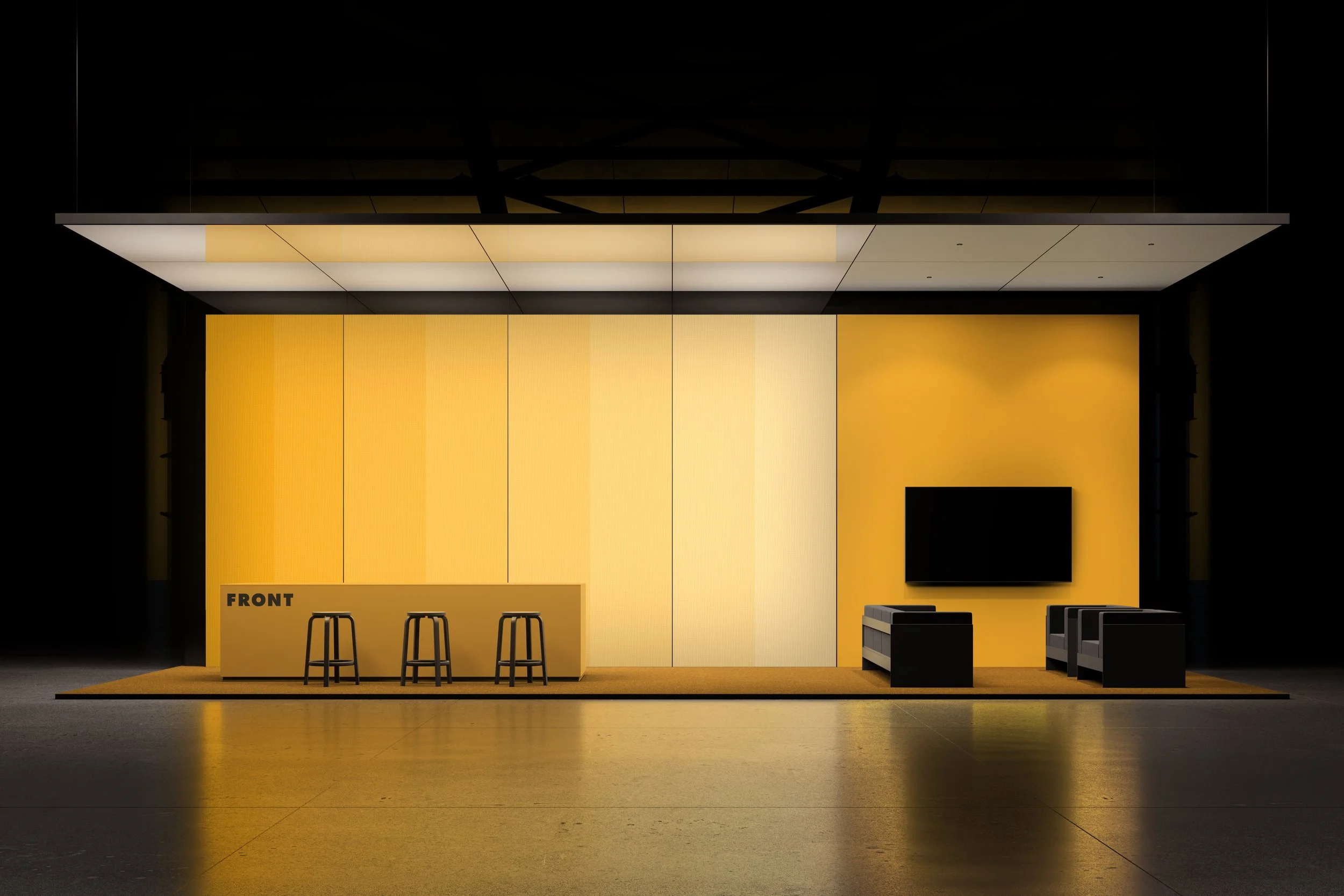 Exhibition booth mockup in an industrial event hall with customizable branding walls, reception desk, lounge area and TV display.