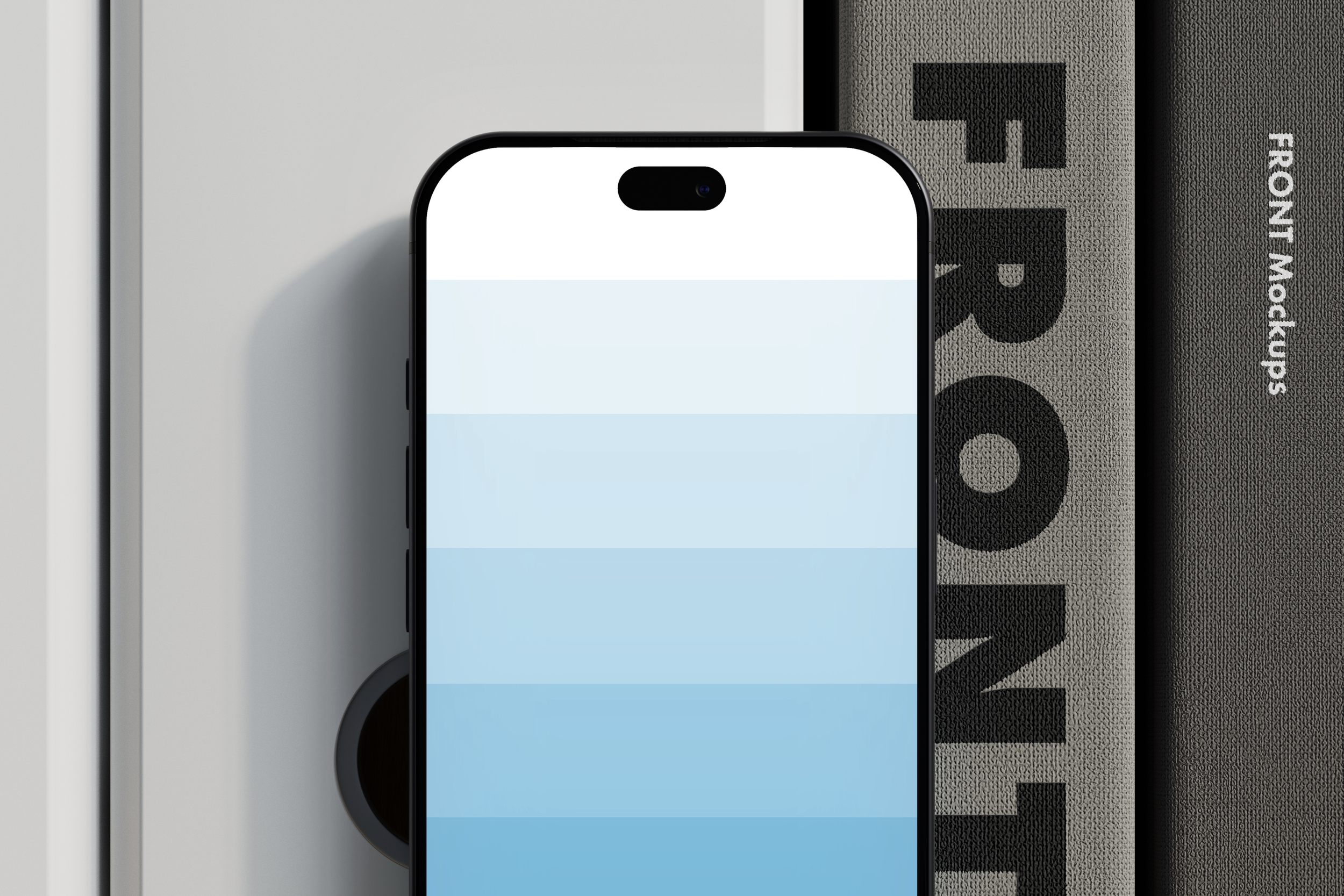 iPhone 18 Pro mockup with blue screen artwork on a bookshelf, close-up view