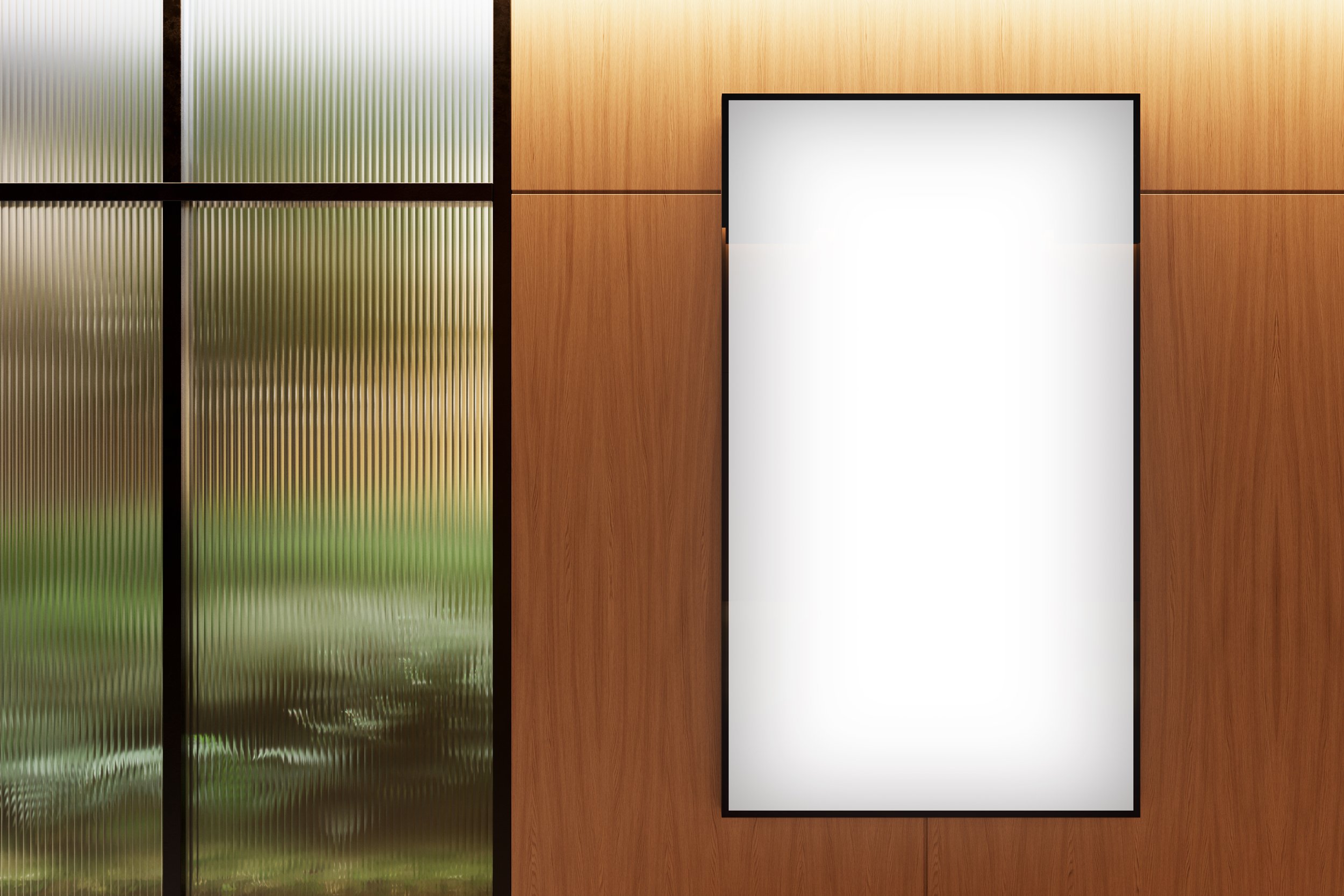 Vertical display with blank white screen on wooden wall – FRONT Mockups